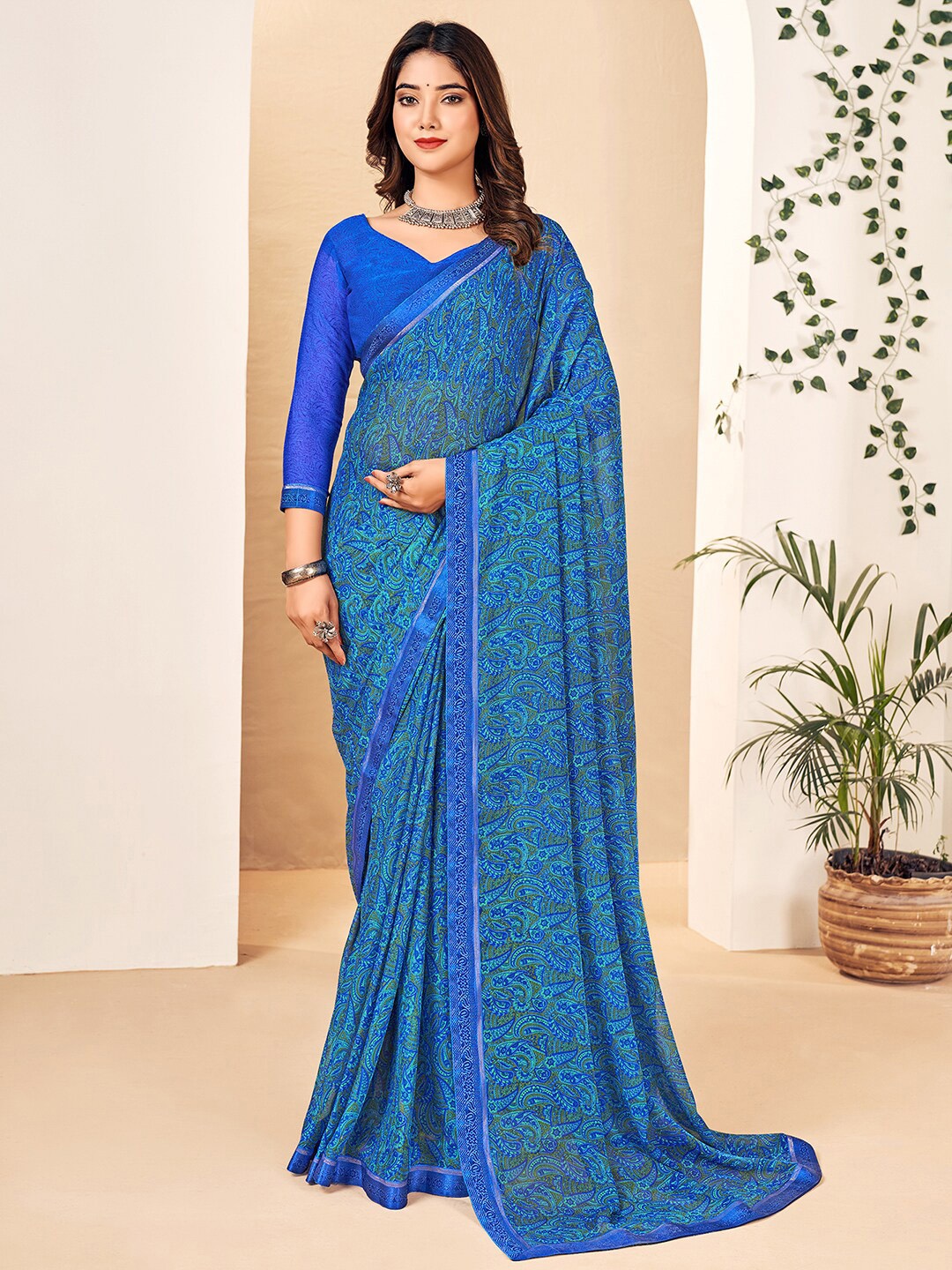 

Mitera Navy Blue & Green Paisley Printed Sungudi Saree