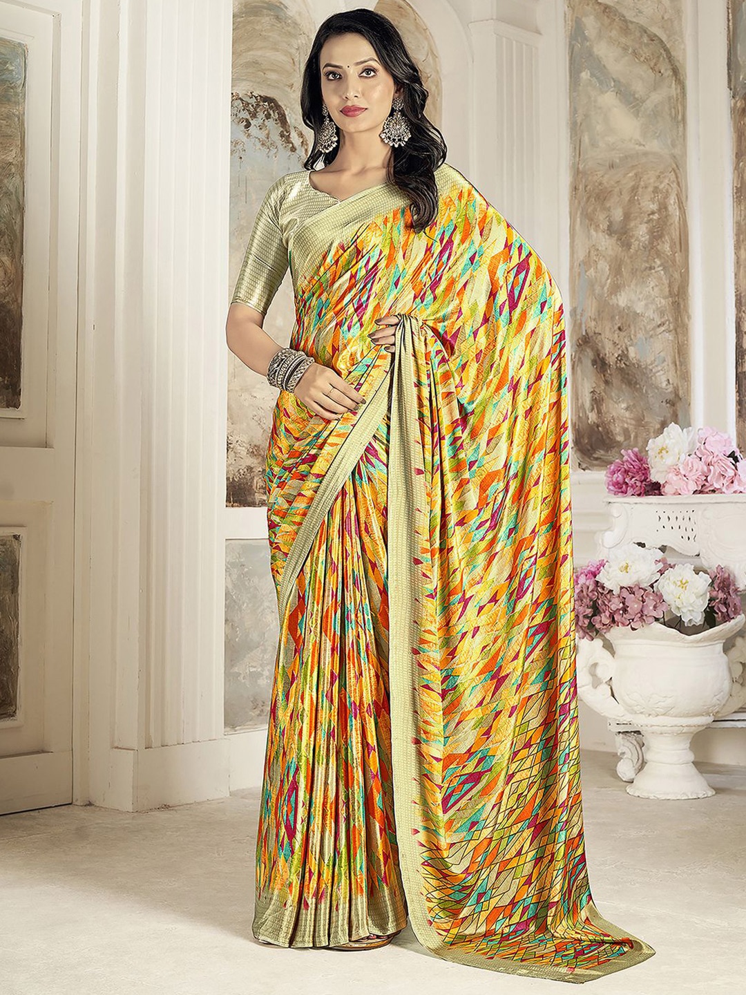 

Mitera Yellow & Orange Geometric Printed Sungudi Saree