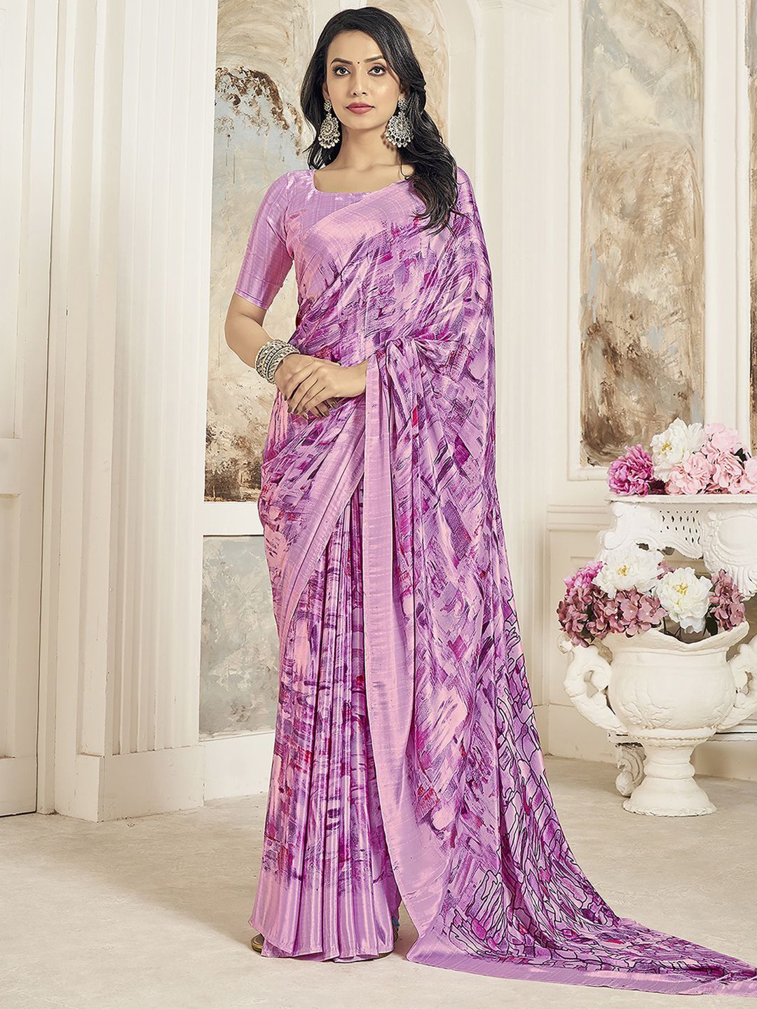 

Mitera Pink Abstract Printed Sungudi Saree