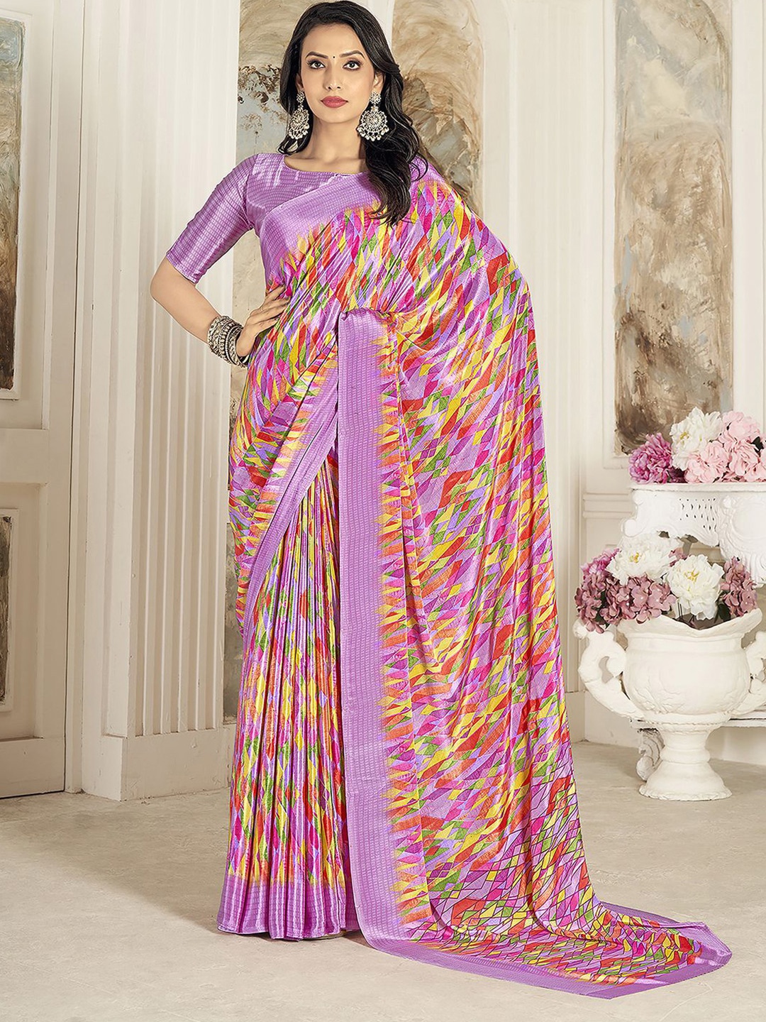

Mitera Lavender Geometric Printed Sungudi Saree