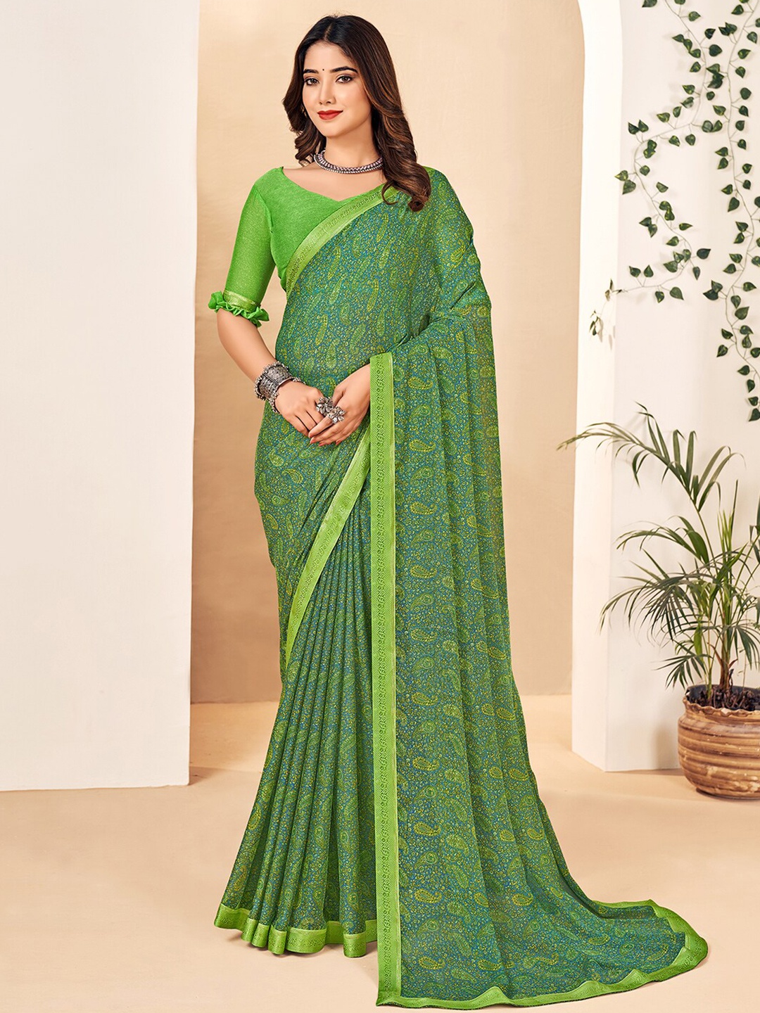 

Mitera Green Paisley Printed Sungudi Saree