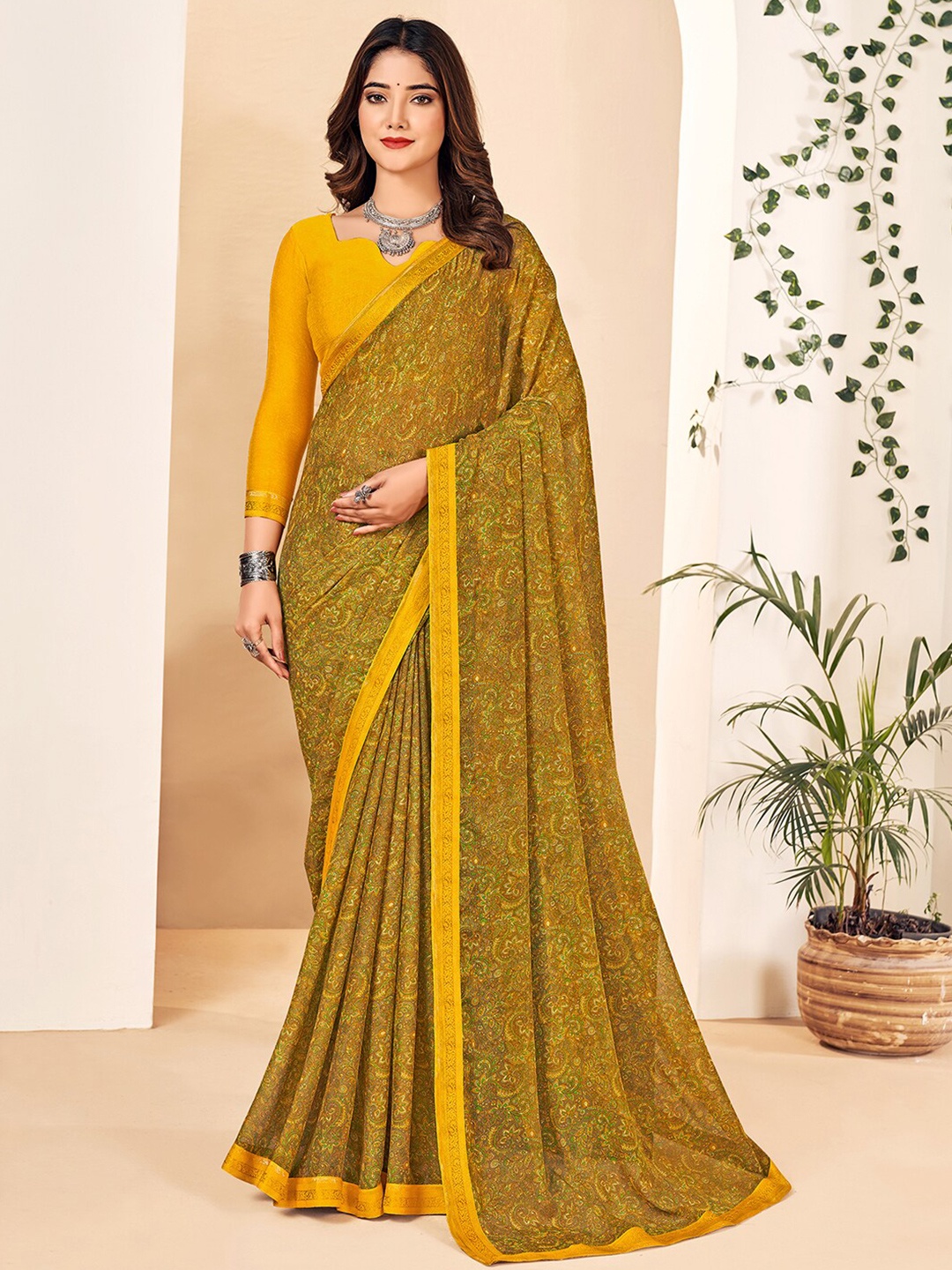 

Mitera Mustart & Green Paisley Printed Sungudi Saree, Mustard