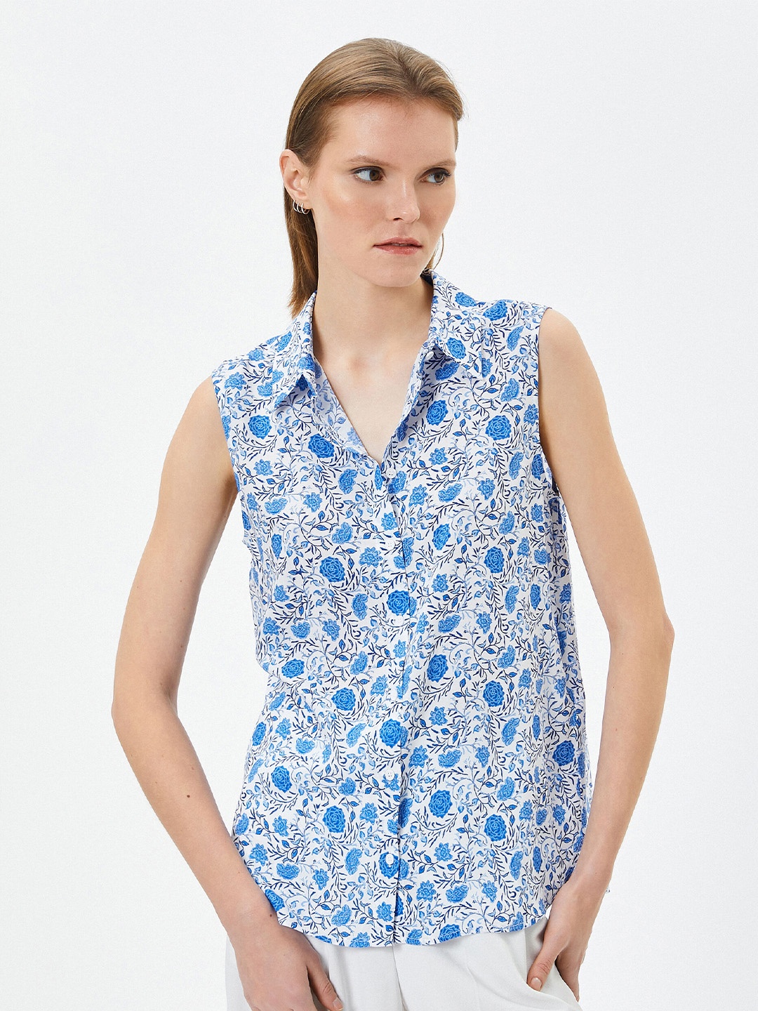 

Koton Floral Printed Spread Collar High Low Hem Casual Shirt, Off white