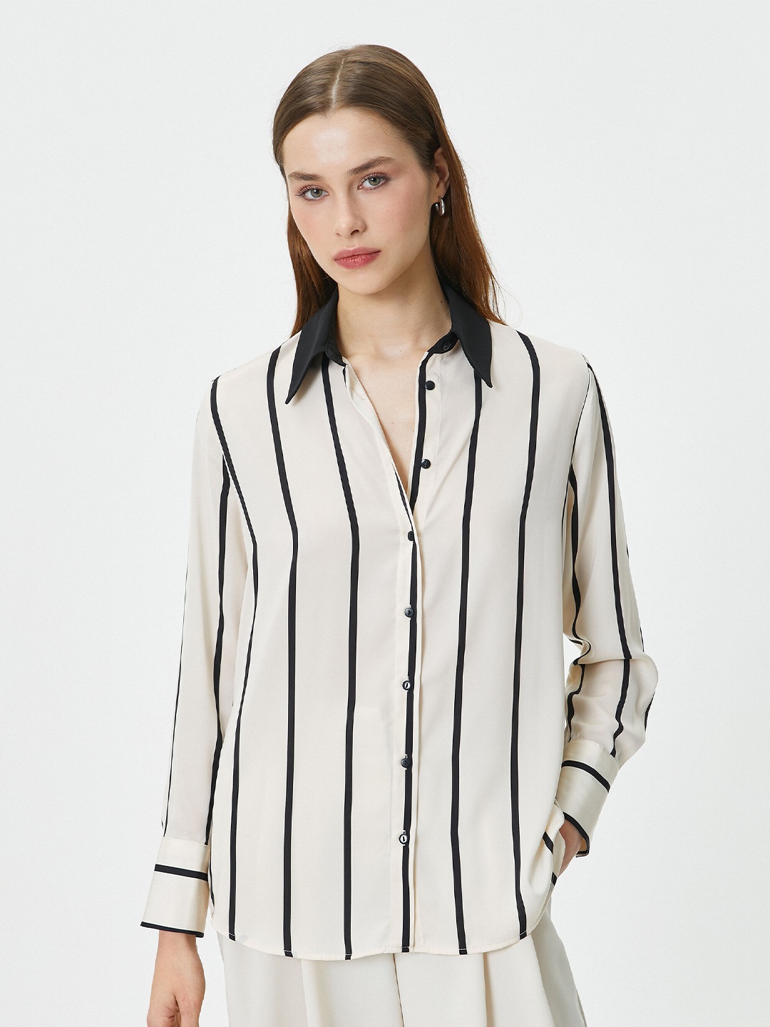 

Koton Vertical Striped Spread Collar Casual Shirt, Beige