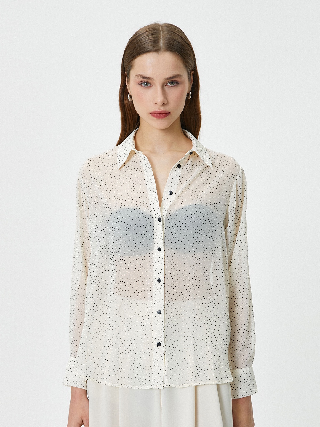 

Koton Polka Dot Printed Sheer Spread Collar Casual Shirt, Beige