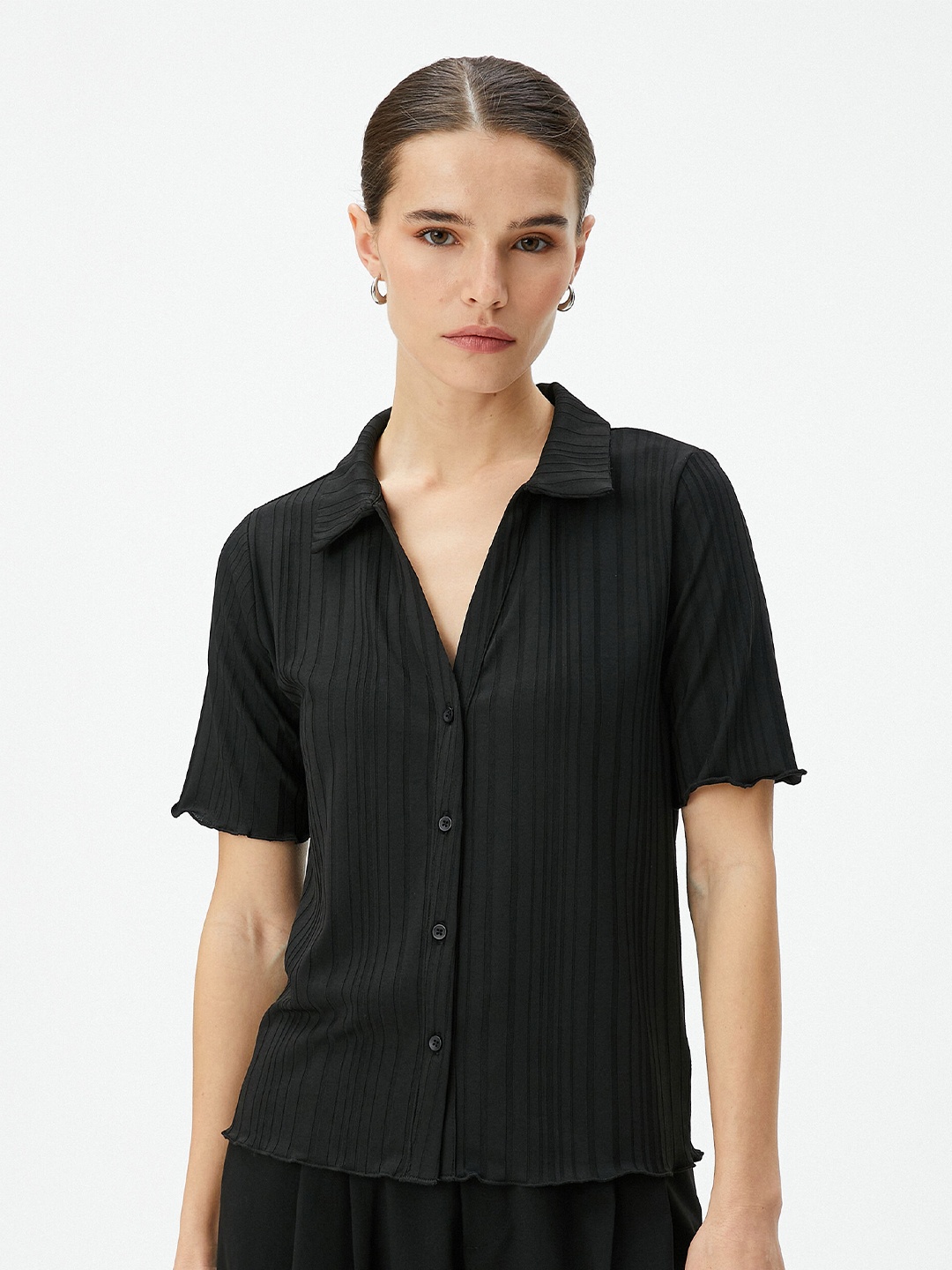 

Koton Striped Spread Collar Knitted Weave Casual Shirt, Black