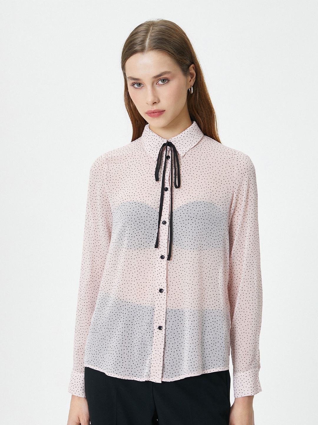 

Koton Polka Dot Printed Sheer Spread Collar Casual Shirt, Pink