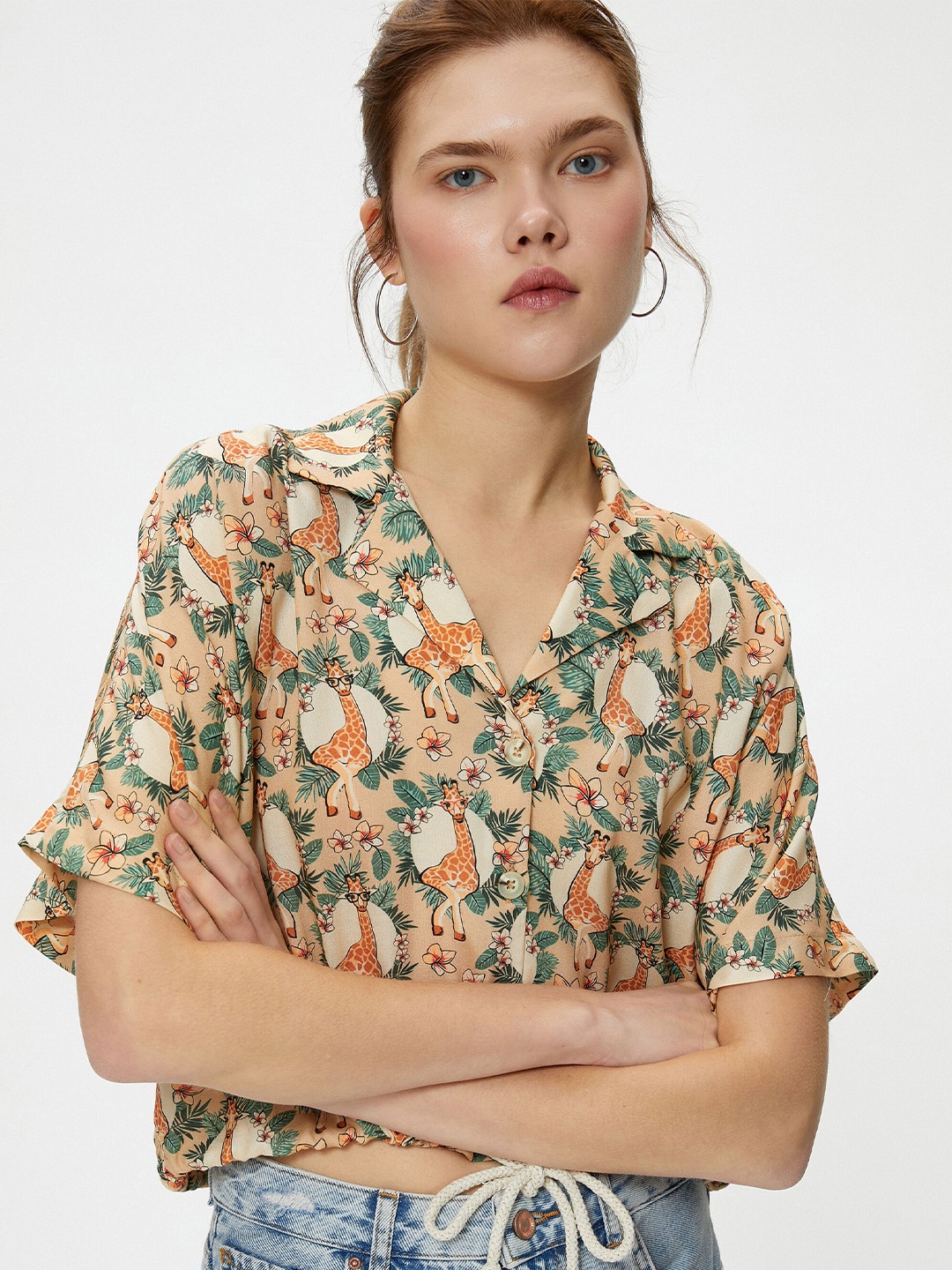

Koton Conversational Printed Cuban Collar Casual Shirt, Beige