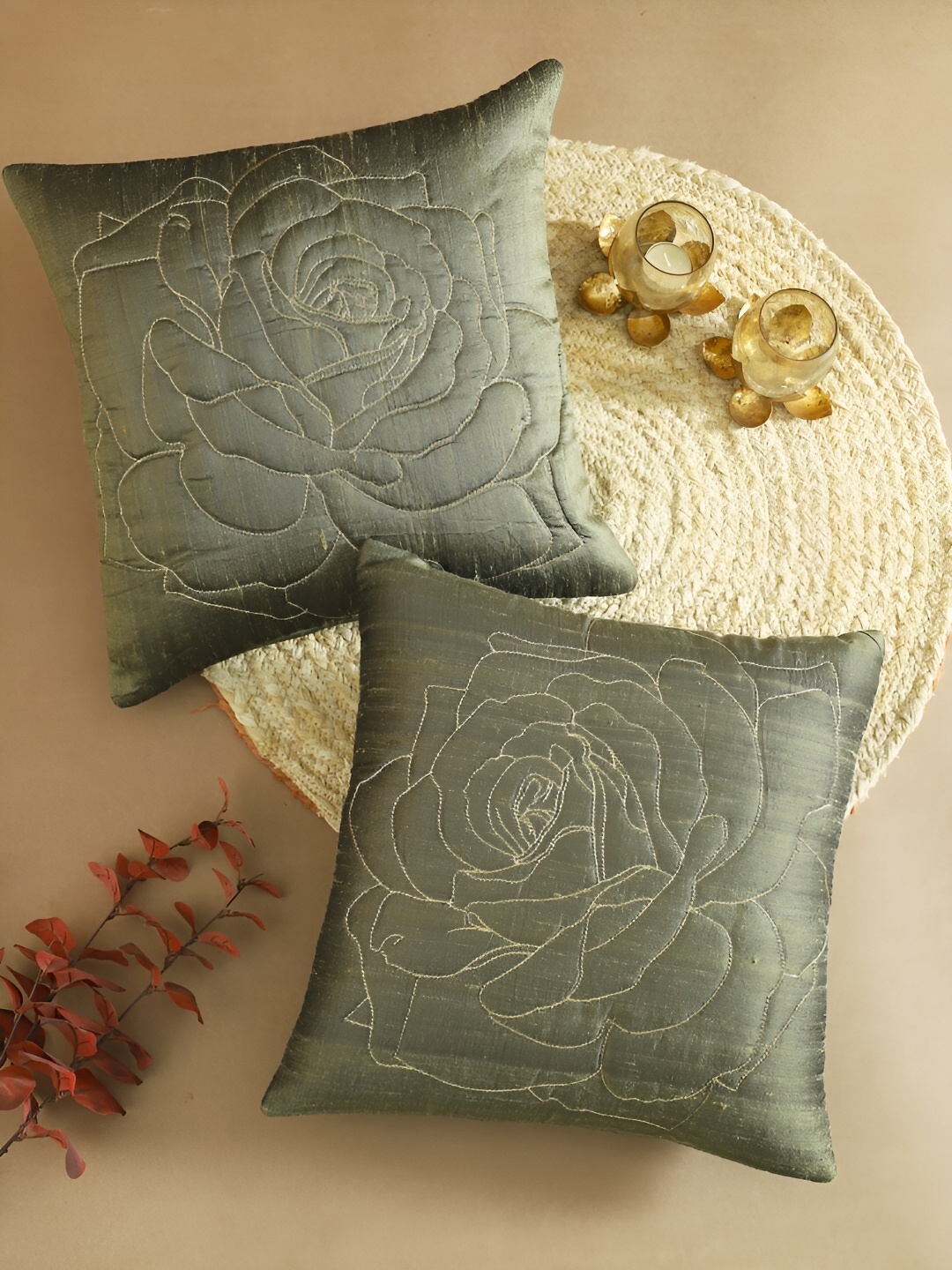 

TARAN LIVING Olive Green 2 Pcs Floral Square Cushion Covers