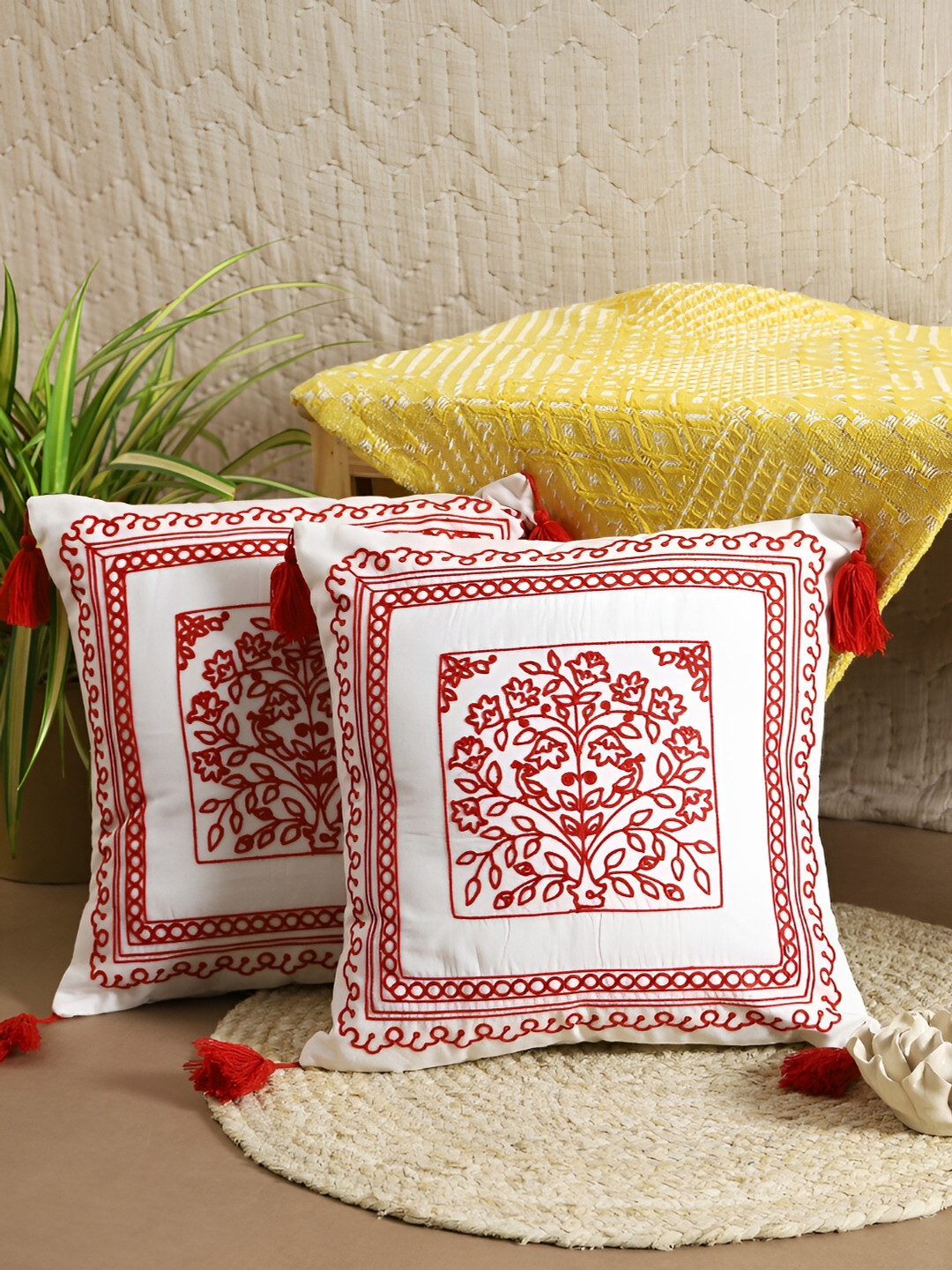 

TARAN LIVING Red & White 2 Pcs Ethnic Motifs Square Cushion Covers