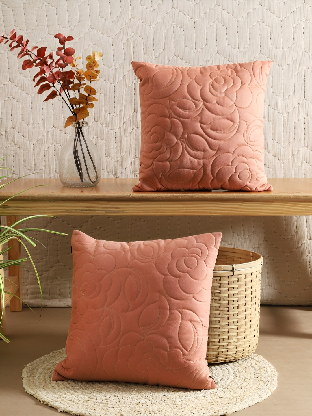 

TARAN LIVING Brown 2 Pieces Textured Square Cushion Covers