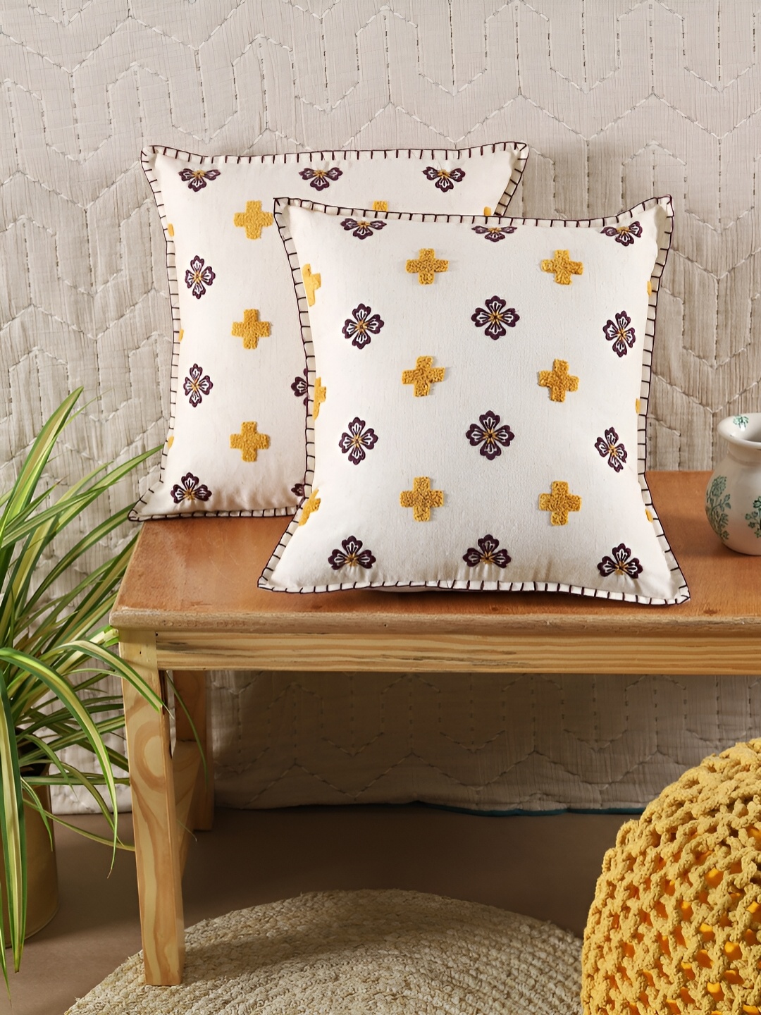 

TARAN LIVING Coffee Brown & White 2 Pieces Floral Embroidered Cotton Square Cushion Covers