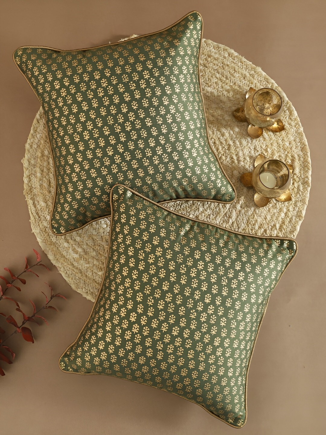 

Ratan Cart Gold-Toned & Green 2 Pcs Floral Square Cushion Covers