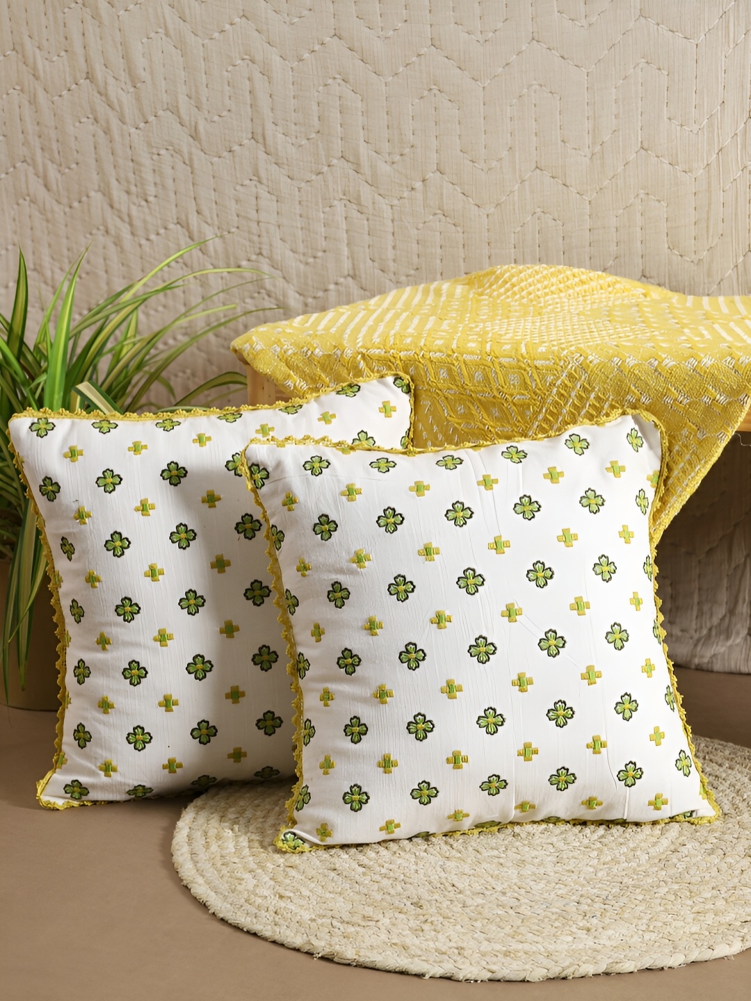 

Ratan Cart Green & Yellow 2 Pieces Floral Embroidered Cotton Square Cushion Covers