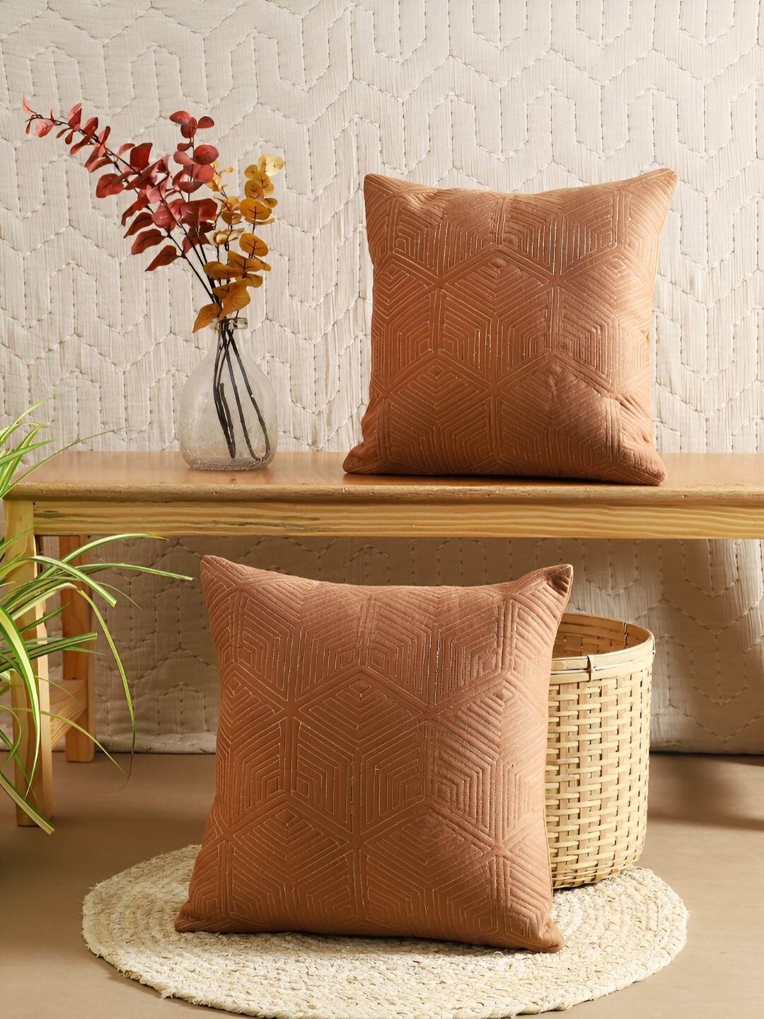 

TARAN LIVING Brown 2 Pieces Textured Square Cushion Covers