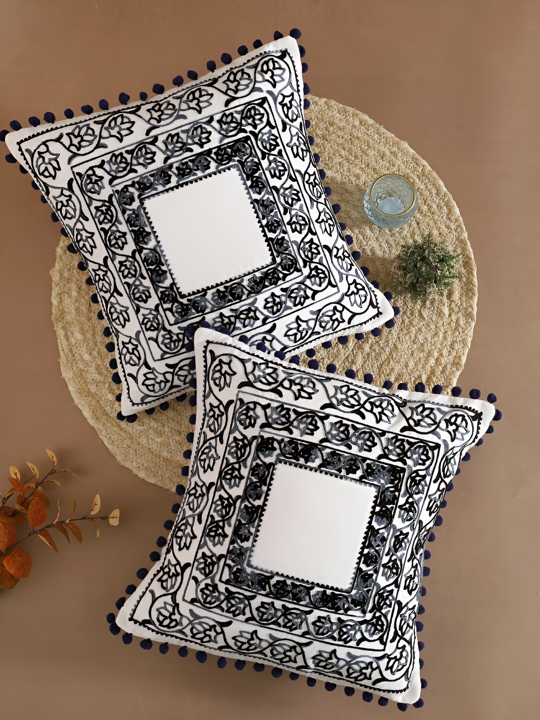 

Ratan Cart Off White 2 Pieces Ethnic Motifs Embroidered Cotton Square Cushion Covers, Blue