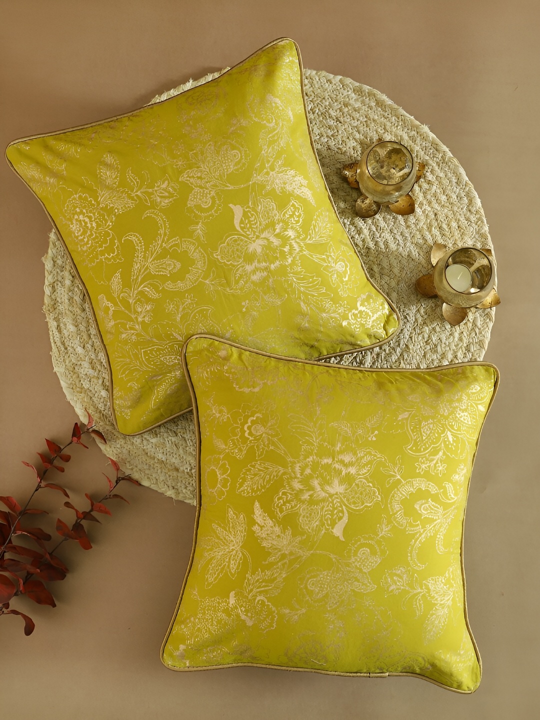 

Ratan Cart Mustard Yellow 2 Pieces Floral Printed Cotton Square Cushion Covers, Gold