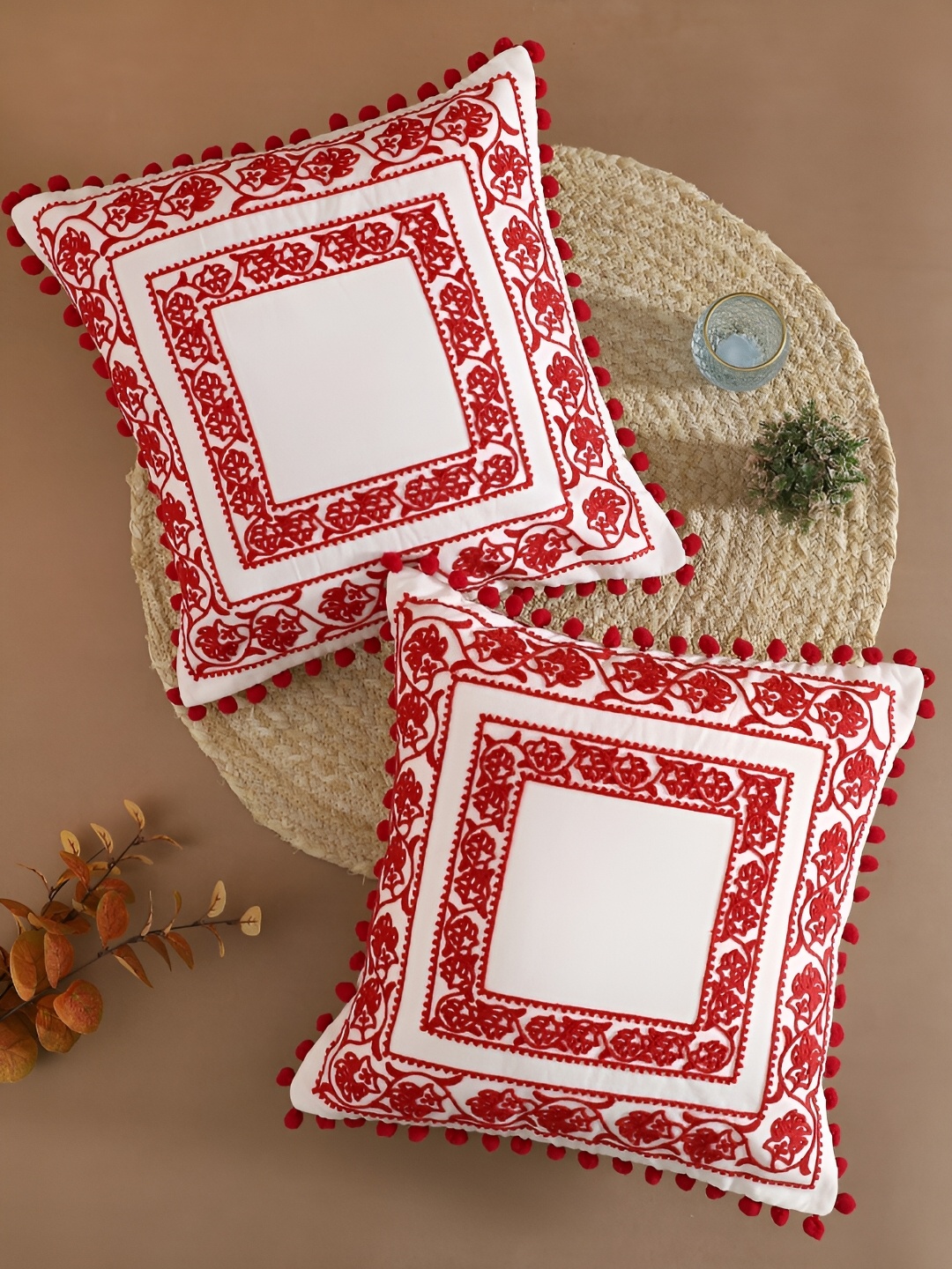 

TARAN LIVING Red & White 2 Pcs Embroidered Square Cushion Covers