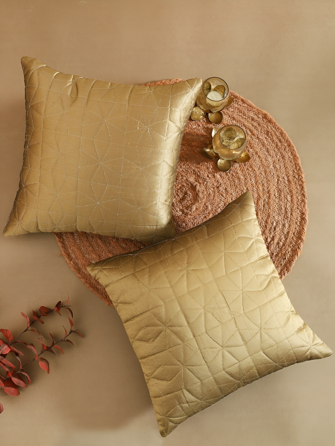 

TARAN LIVING Gold Toned 2 Pieces Textured Square Cushion Covers