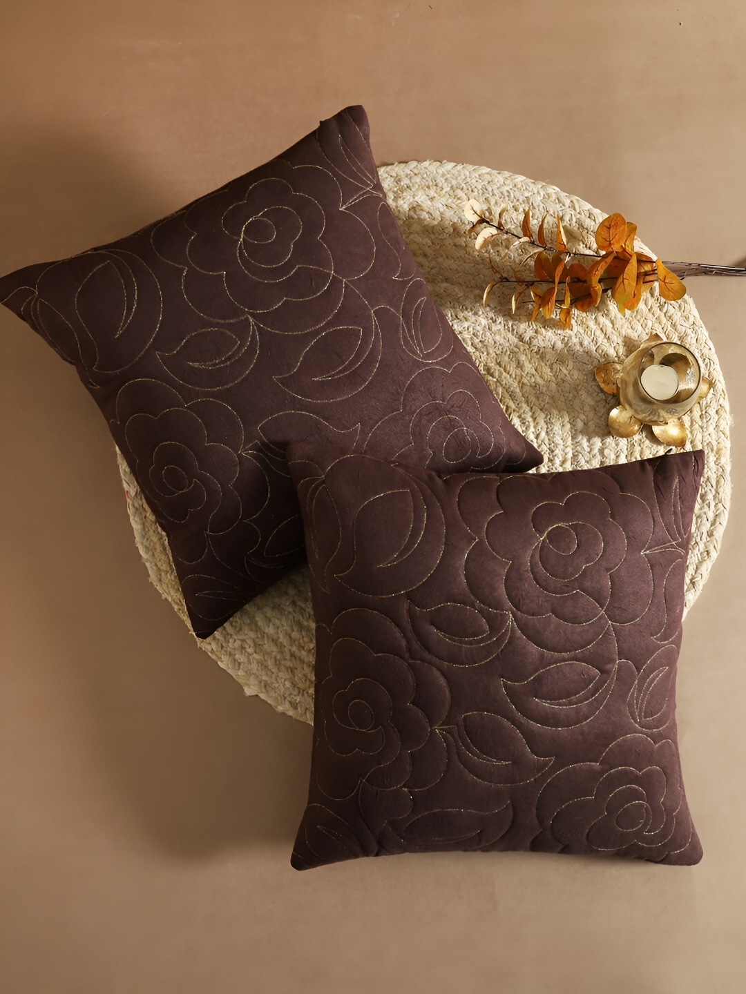 

Ratan Cart Brown & Gold-Toned 2 Pieces Textured Square Cushion Covers
