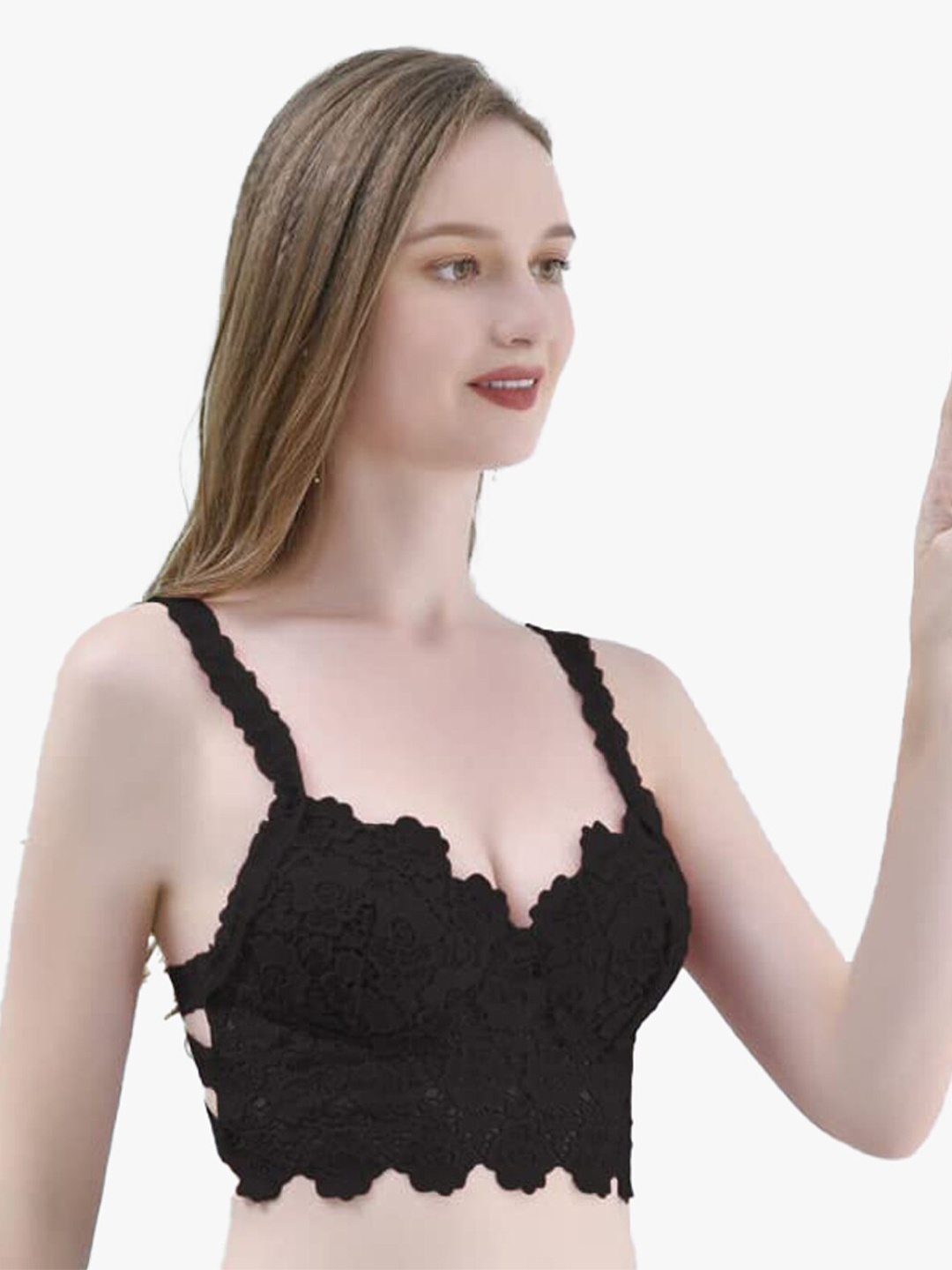 

FIMBUL Half Coverage Lightly Padded Floral Bralette Bra, Black