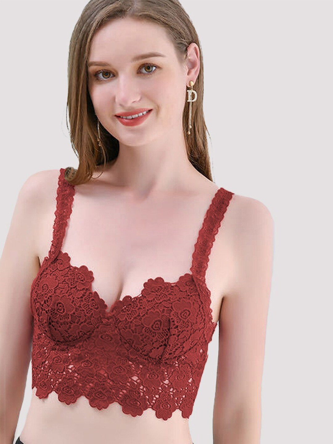 

FIMBUL Floral Half Coverage Lightly Padded Bralette Bra, Red