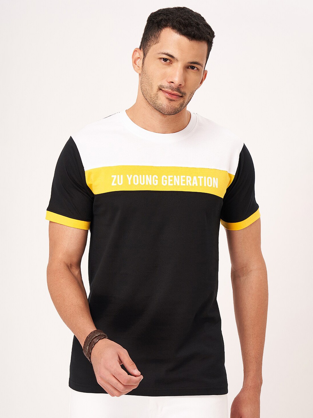 

ZU Colourblocked Round Neck Pure Cotton T-shirt, Black