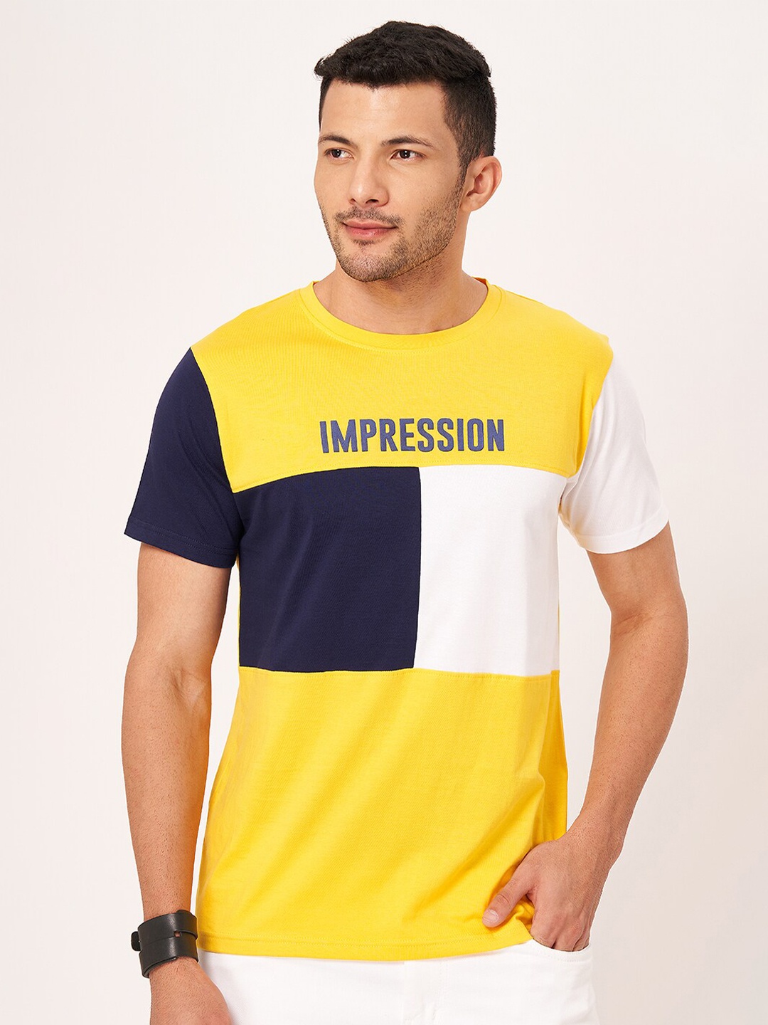 

ZU Colourblocked Pure Cotton Round Neck T-shirt, Yellow