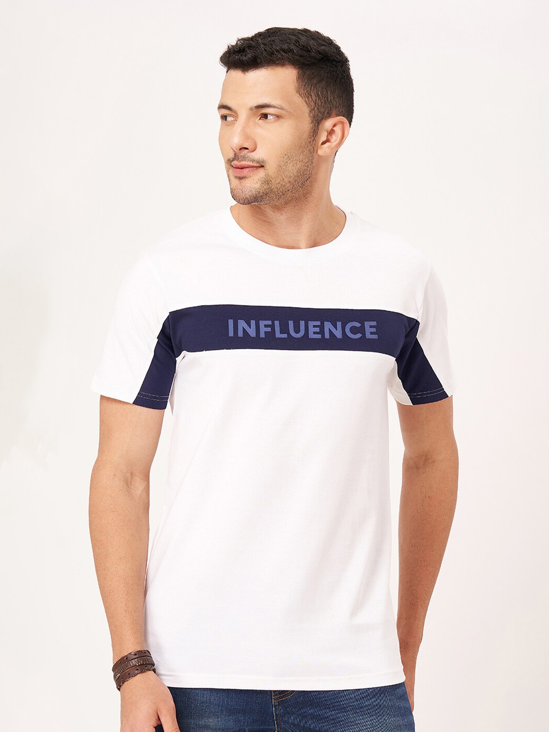 

ZU Colourblocked Round Neck Pure Cotton T-shirt, White