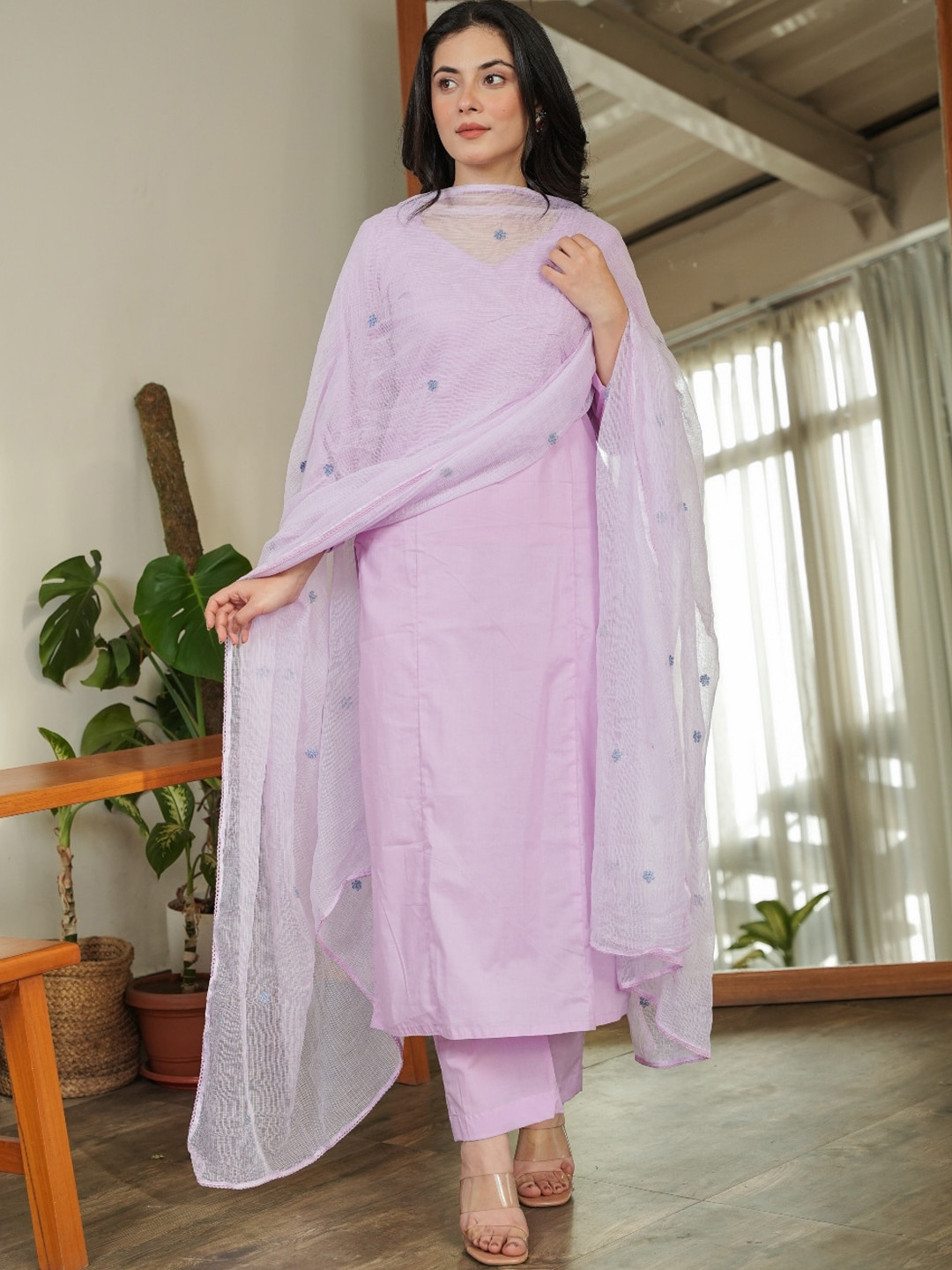 

OneWe Rozana V-Neck Pure Cotton Kurta With Trousers & Dupatta, Lavender