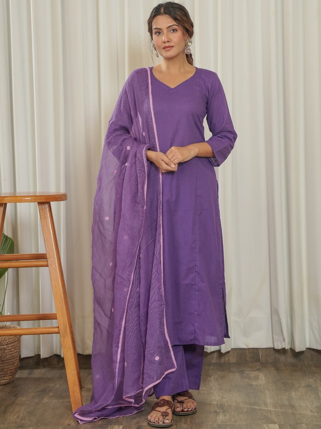 

OneWe Sabina V-Neck Pure Cotton Kurta With Trousers & Dupatta, Purple