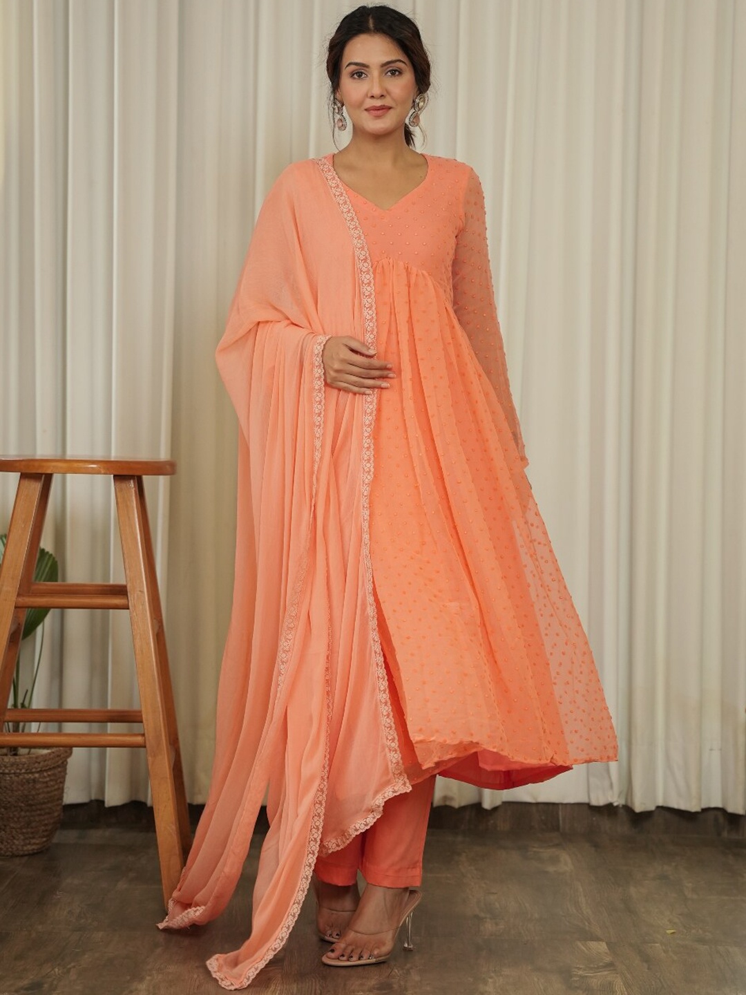 

OneWe Reeta Geometric Self Design V-Neck Empire Anarkali Kurta With Trousers & Dupatta, Peach