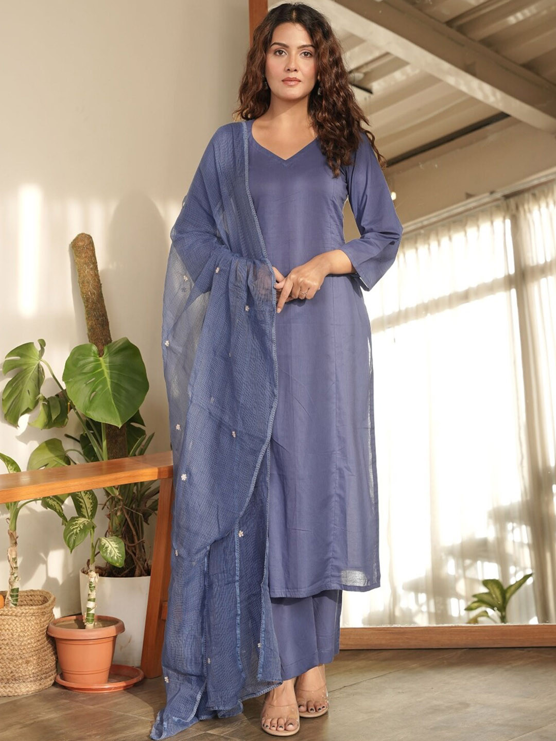 

OneWe V-Neck Pure Cotton Straight Kurta With Trousers & Dupatta, Teal