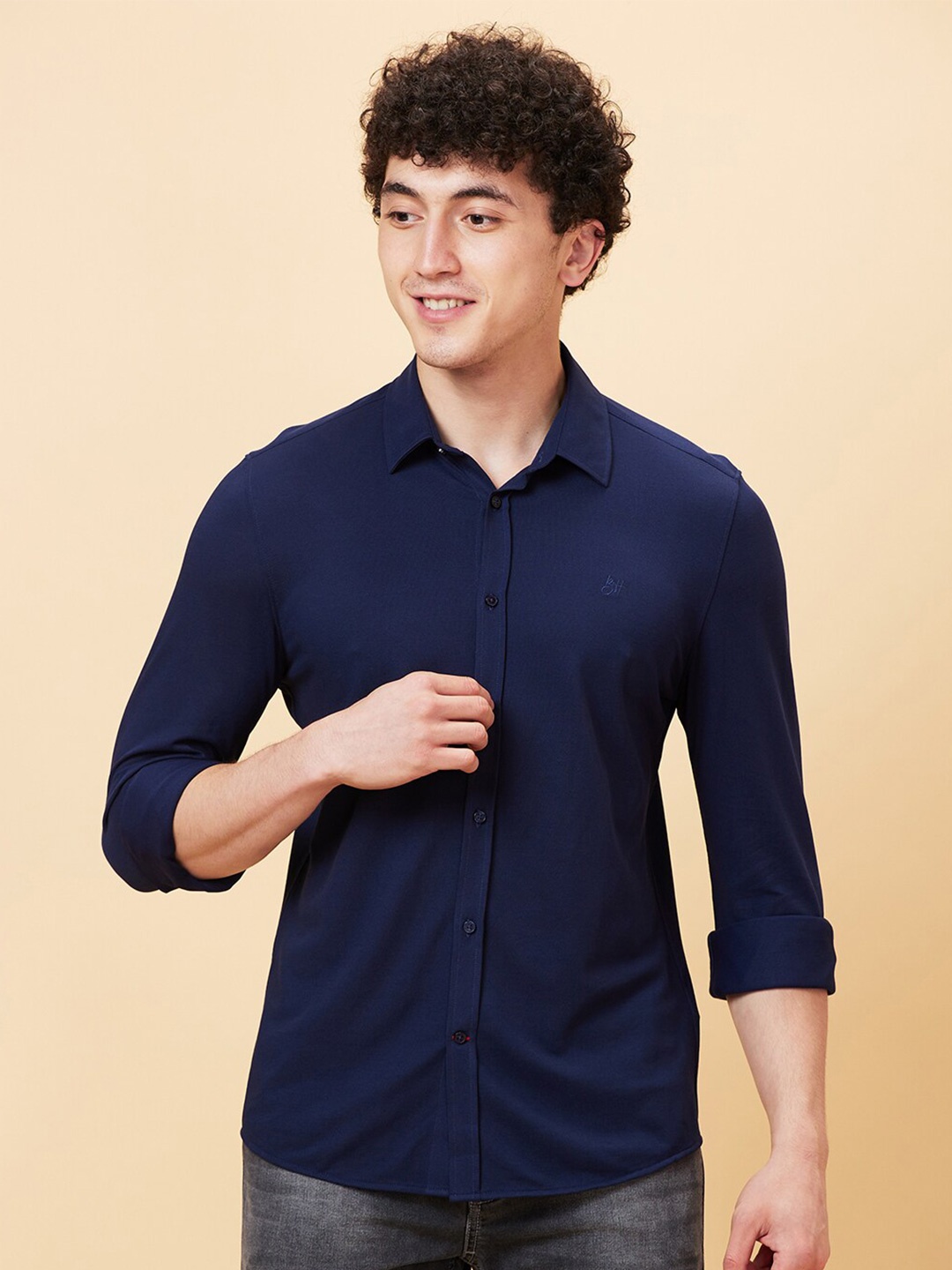 

Being Human Spread Collar Slim Fit Casual Shirt, Navy blue