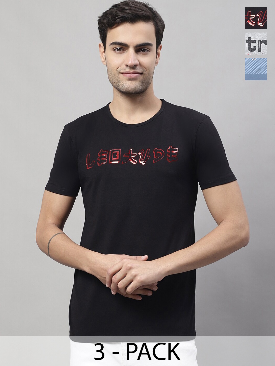 MACK JONNEY Typography Printed Pack of 3 Round Neck Short Sleeves Cotton T-shirt, Black