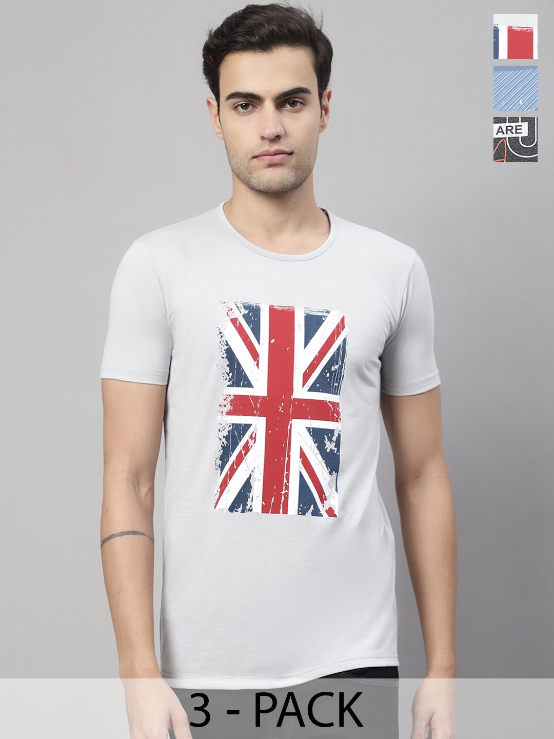 

MACK JONNEY Pack of 3 Printed Cotton T-shirts, Grey