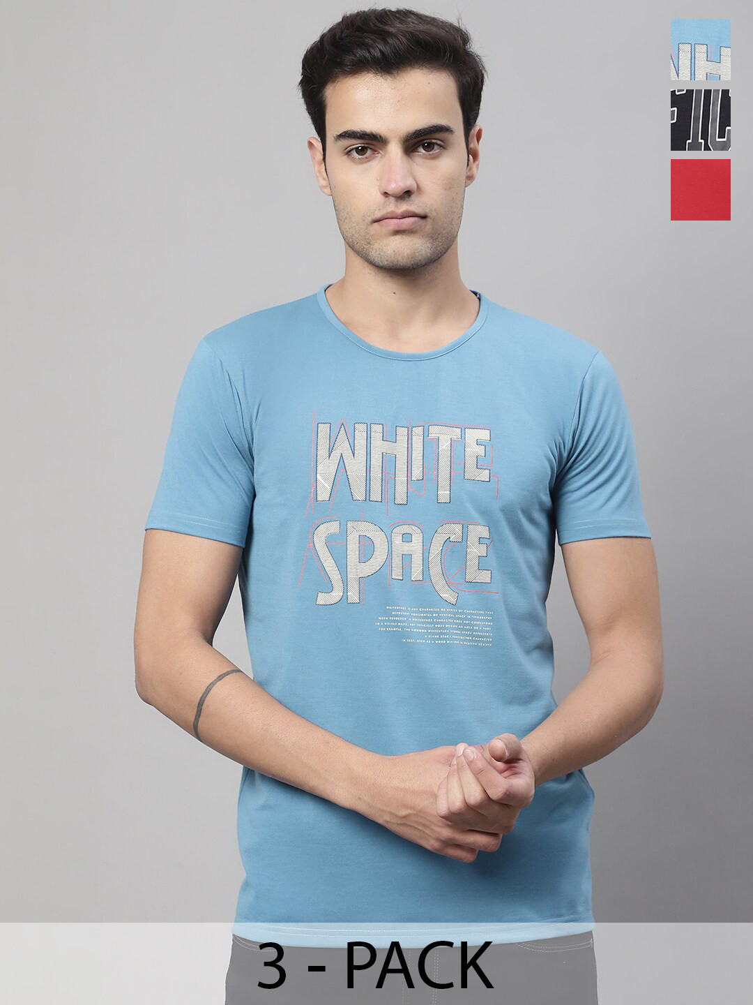 

MACK JONNEY Pack Of 3 Printed Round Neck Cotton Casual T-shirts, Blue