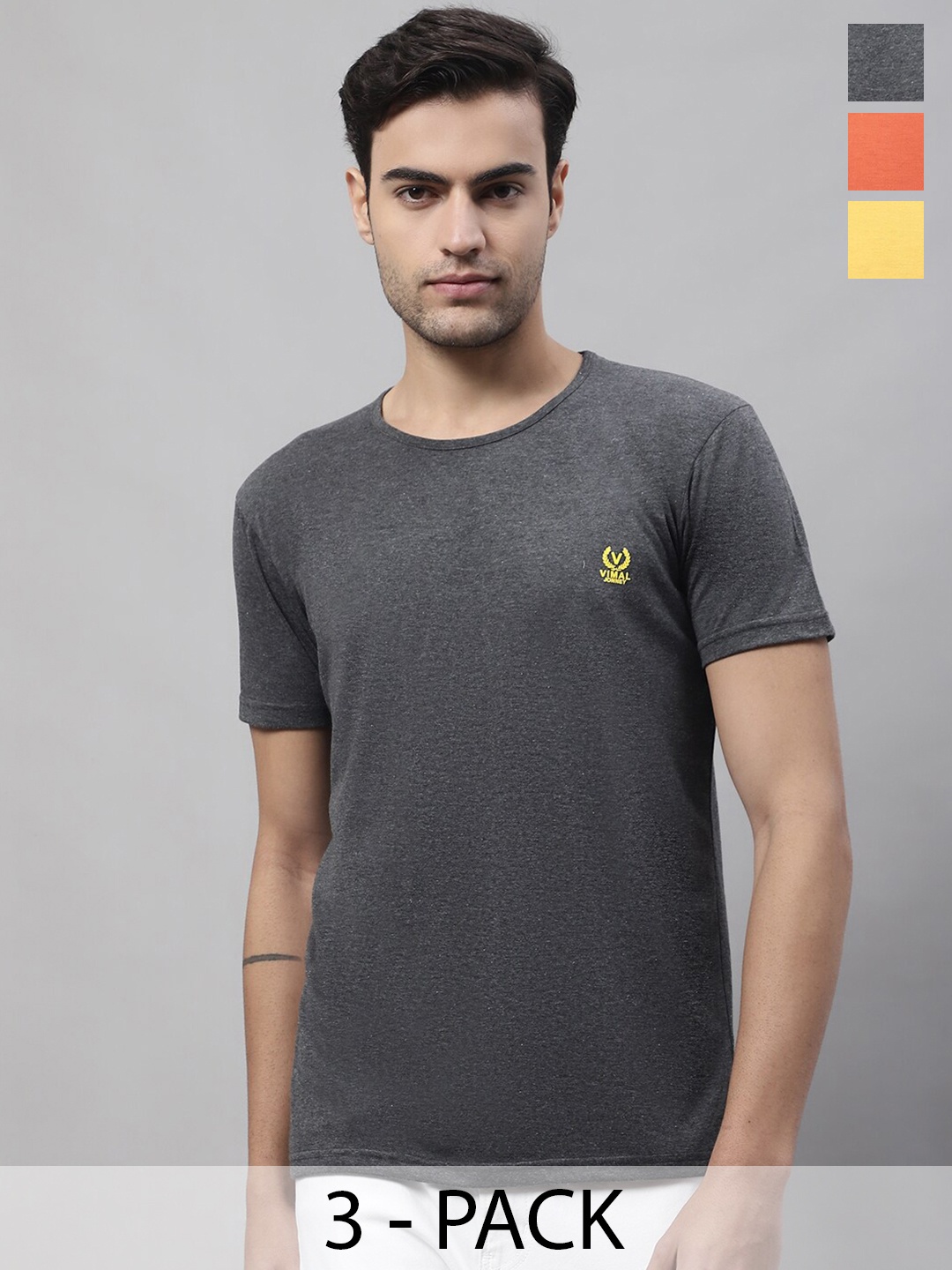 

VIMAL JONNEY Pack Of 3 Round Neck Cotton Casual T-shirts, Grey