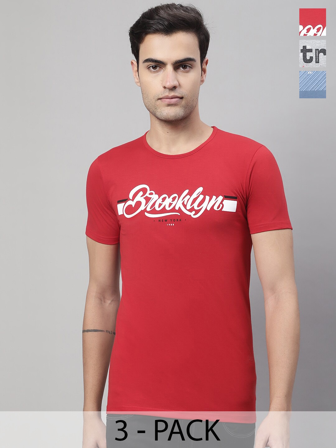 

MACK JONNEY Pack Of 3 Typography Printed Cotton T-shirt, Red