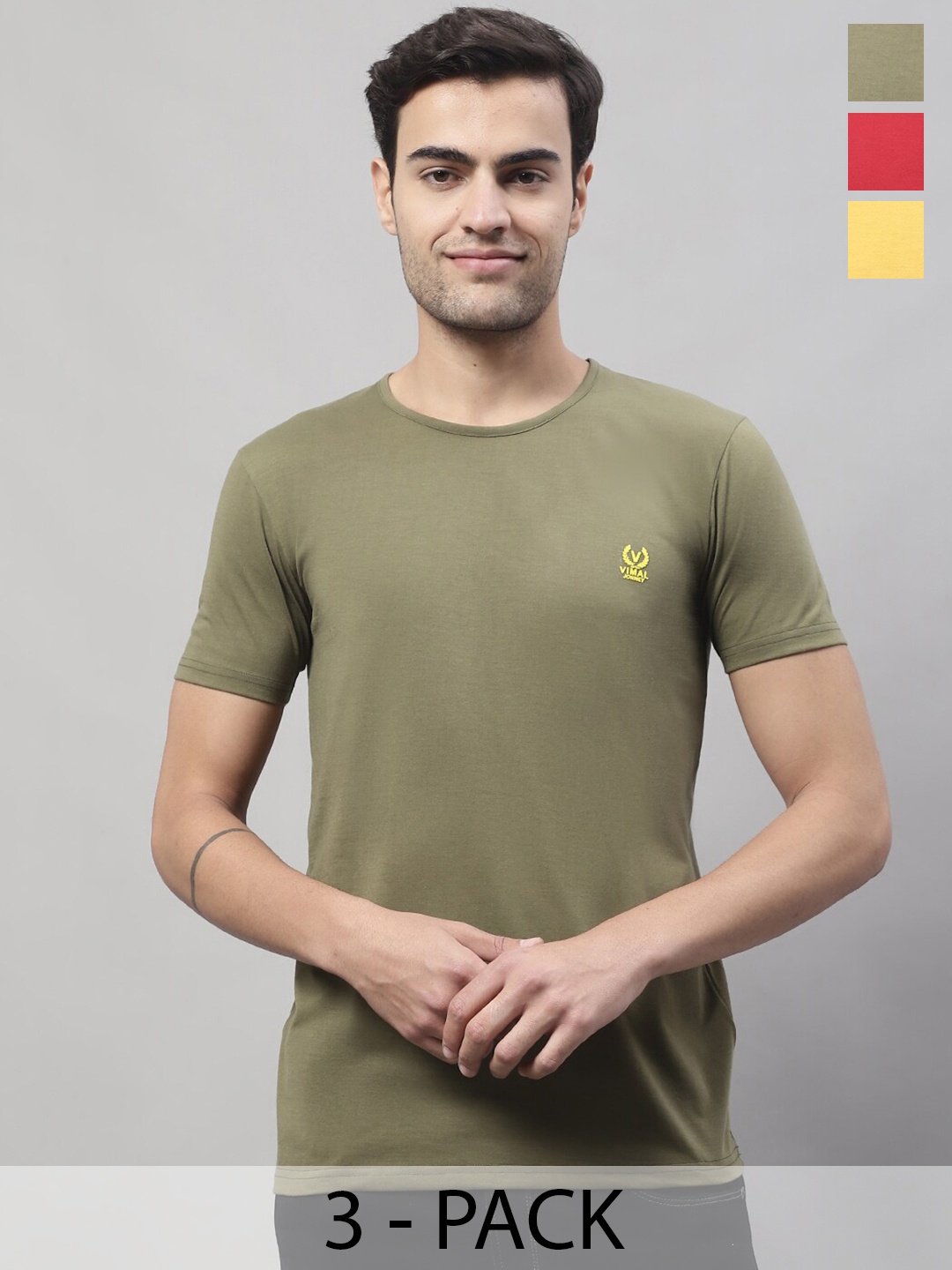 

VIMAL JONNEY Pack Of 3 Short Sleeves Cotton Tshirts, Olive