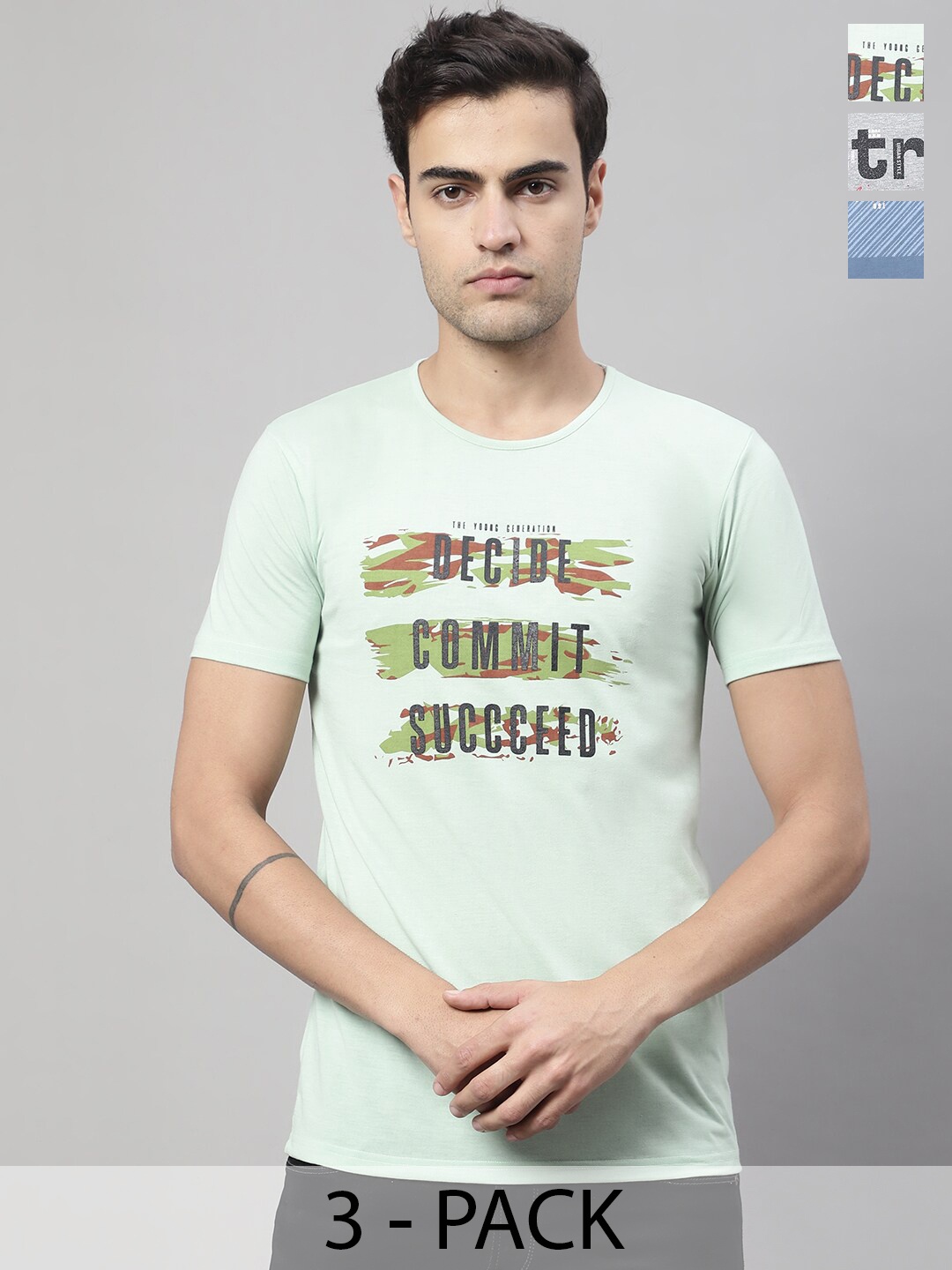 

MACK JONNEY Pack of 3 Round Neck Short Sleeves Typography Printed Cotton T-shirt, Green