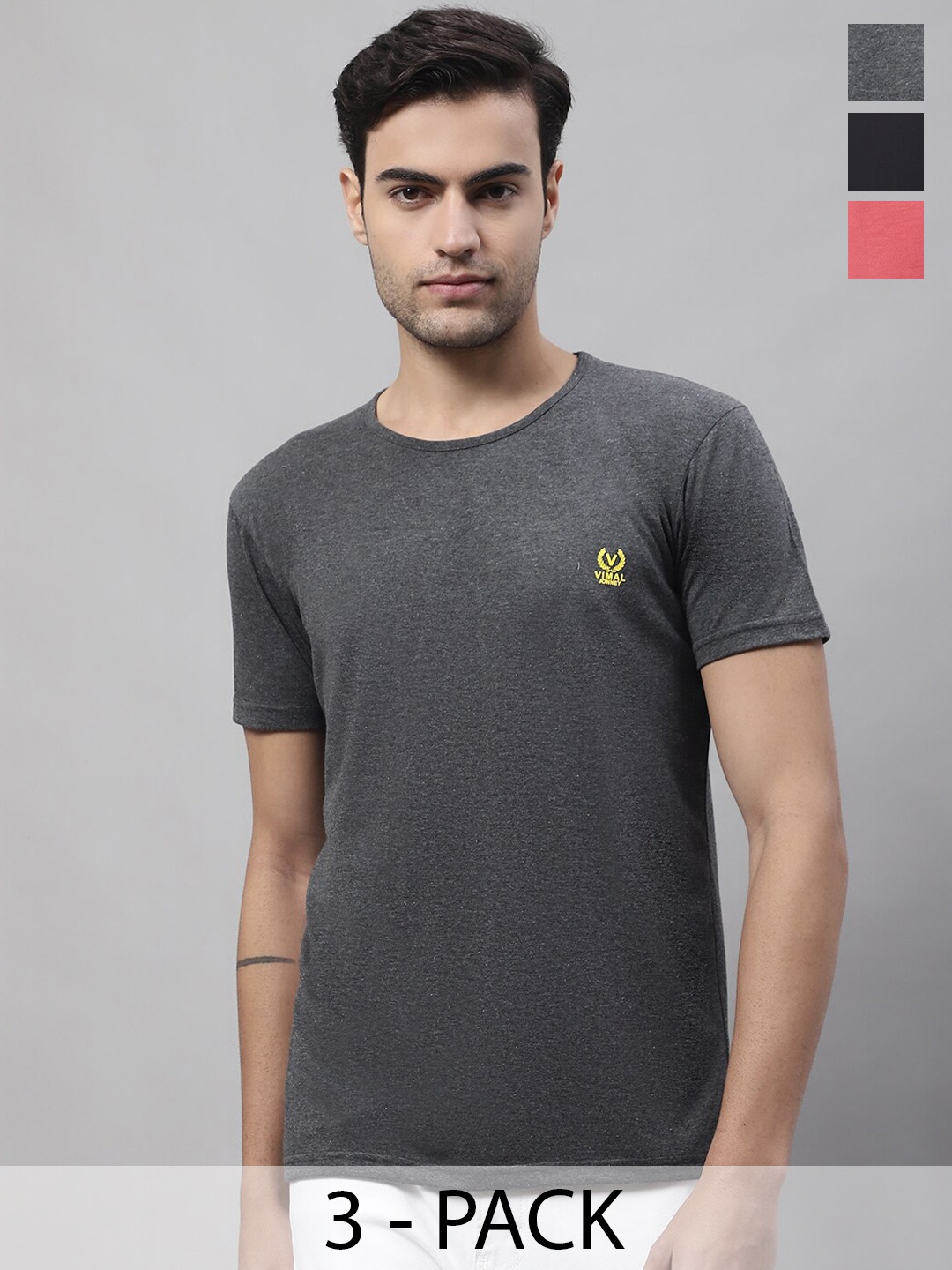 

VIMAL JONNEY Pack Of 3 Cotton T-shirts, Grey