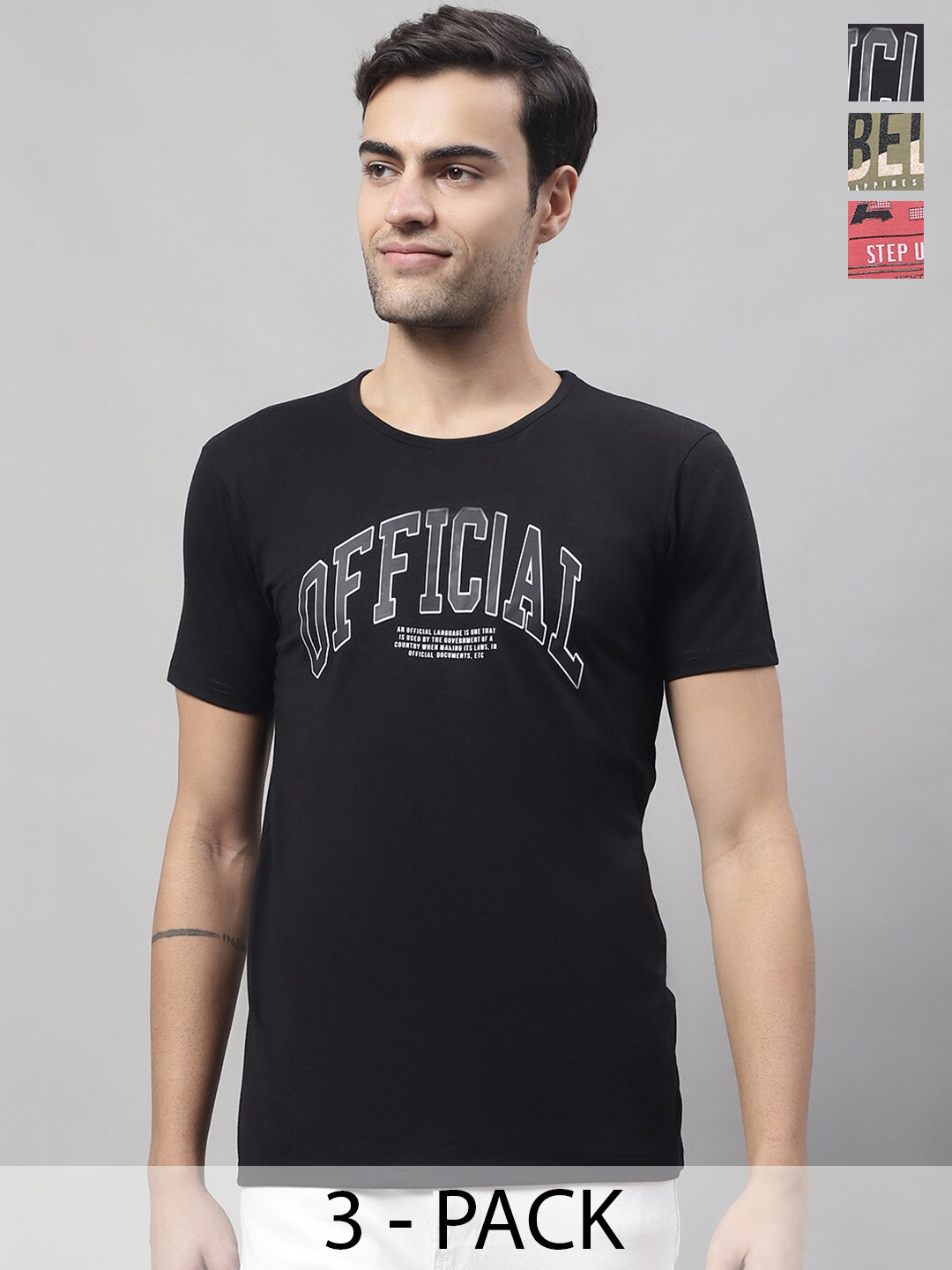 

MACK JONNEY Pack Of 3 Typography Printed Cotton T-shirt, Black