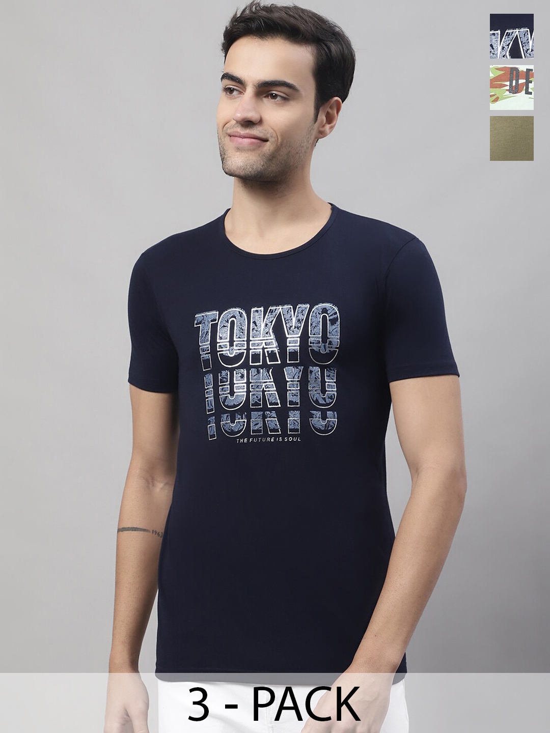 MACK JONNEY Pack Of 3 Typography Printed Cotton T-shirt, Navy blue