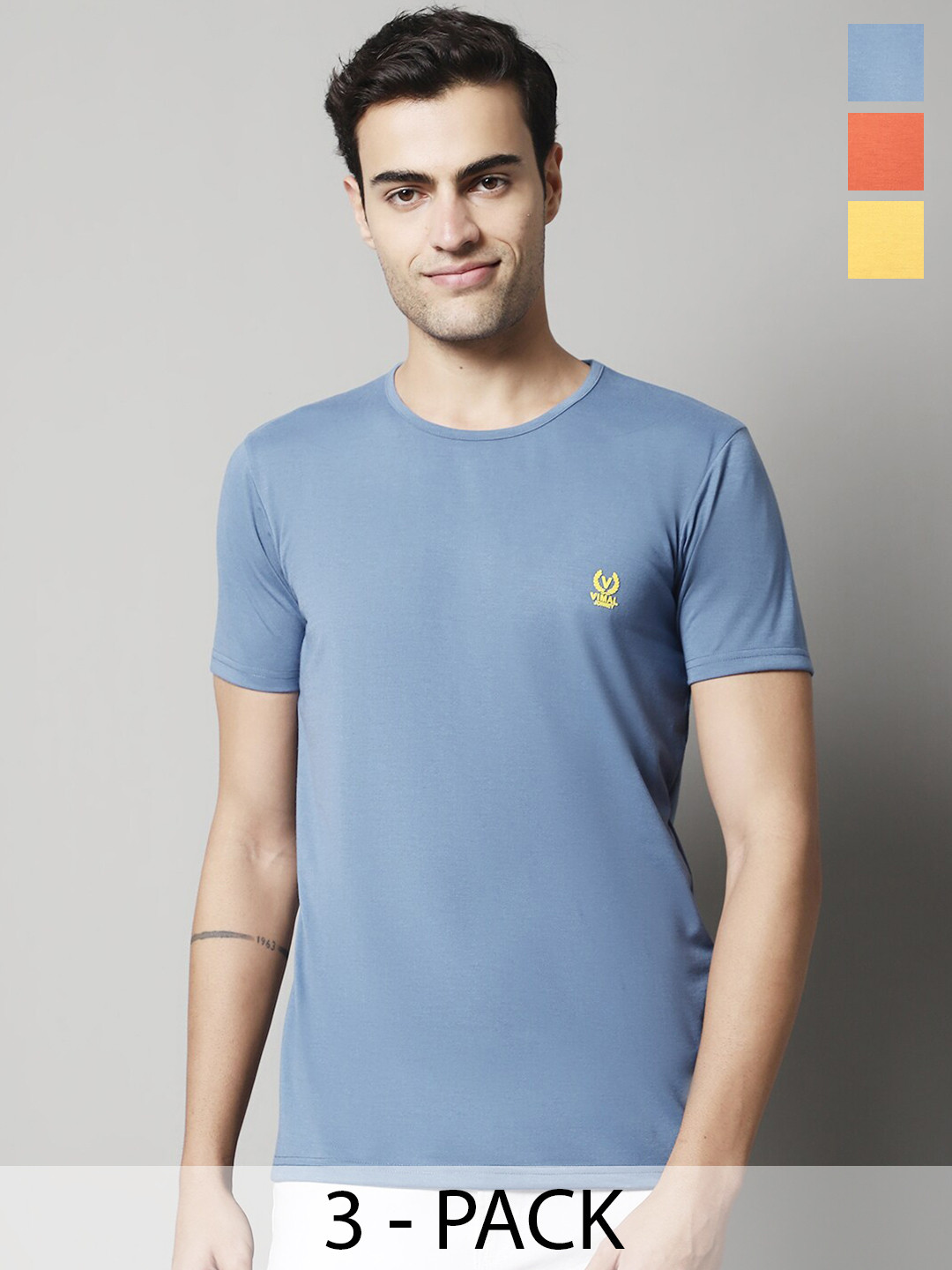 

VIMAL JONNEY Pack of 3 Round Neck Cotton T-shirt, Blue