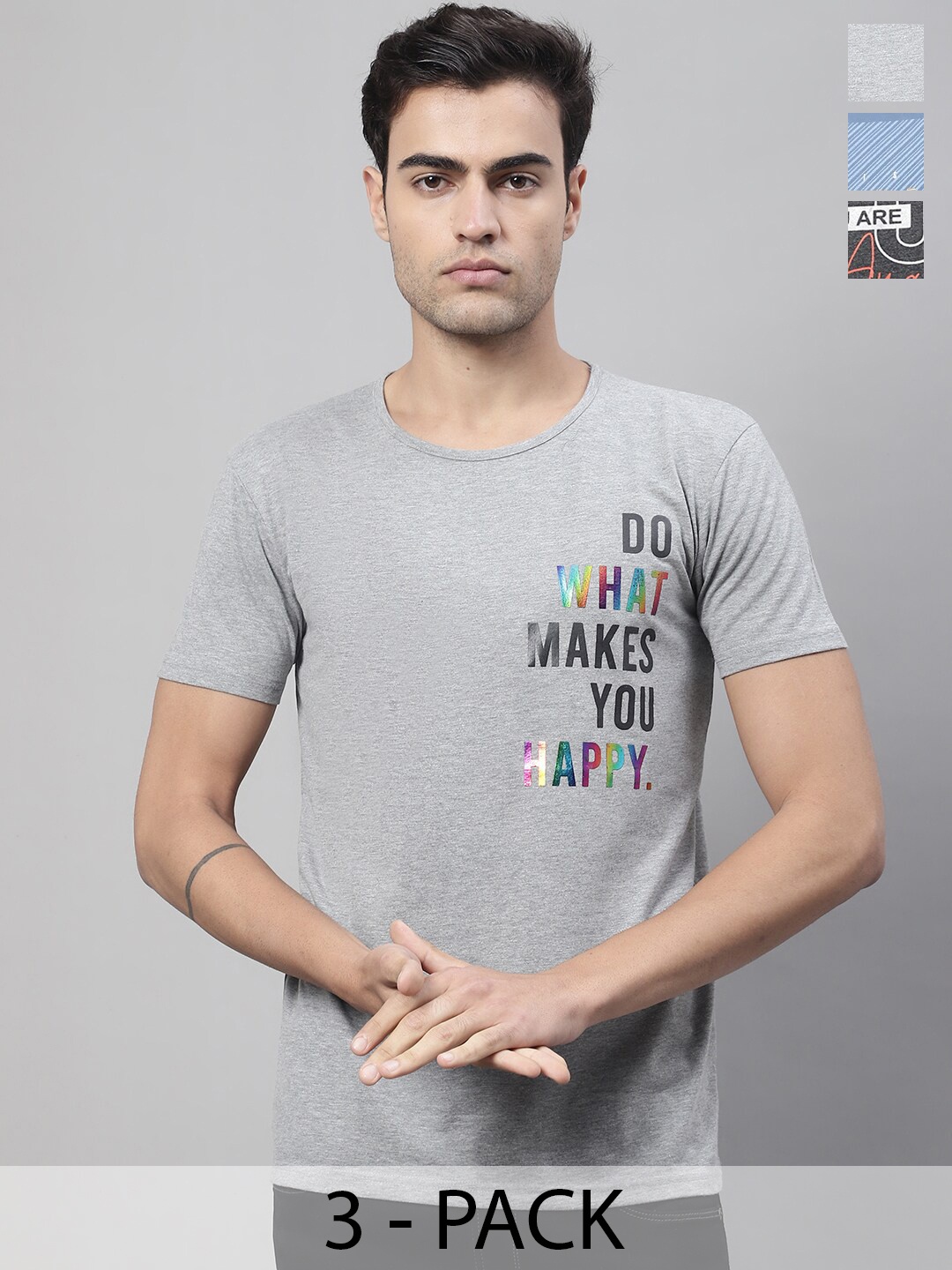 

MACK JONNEY Pack Of 3 Typography Printed Cotton T-shirt, Grey