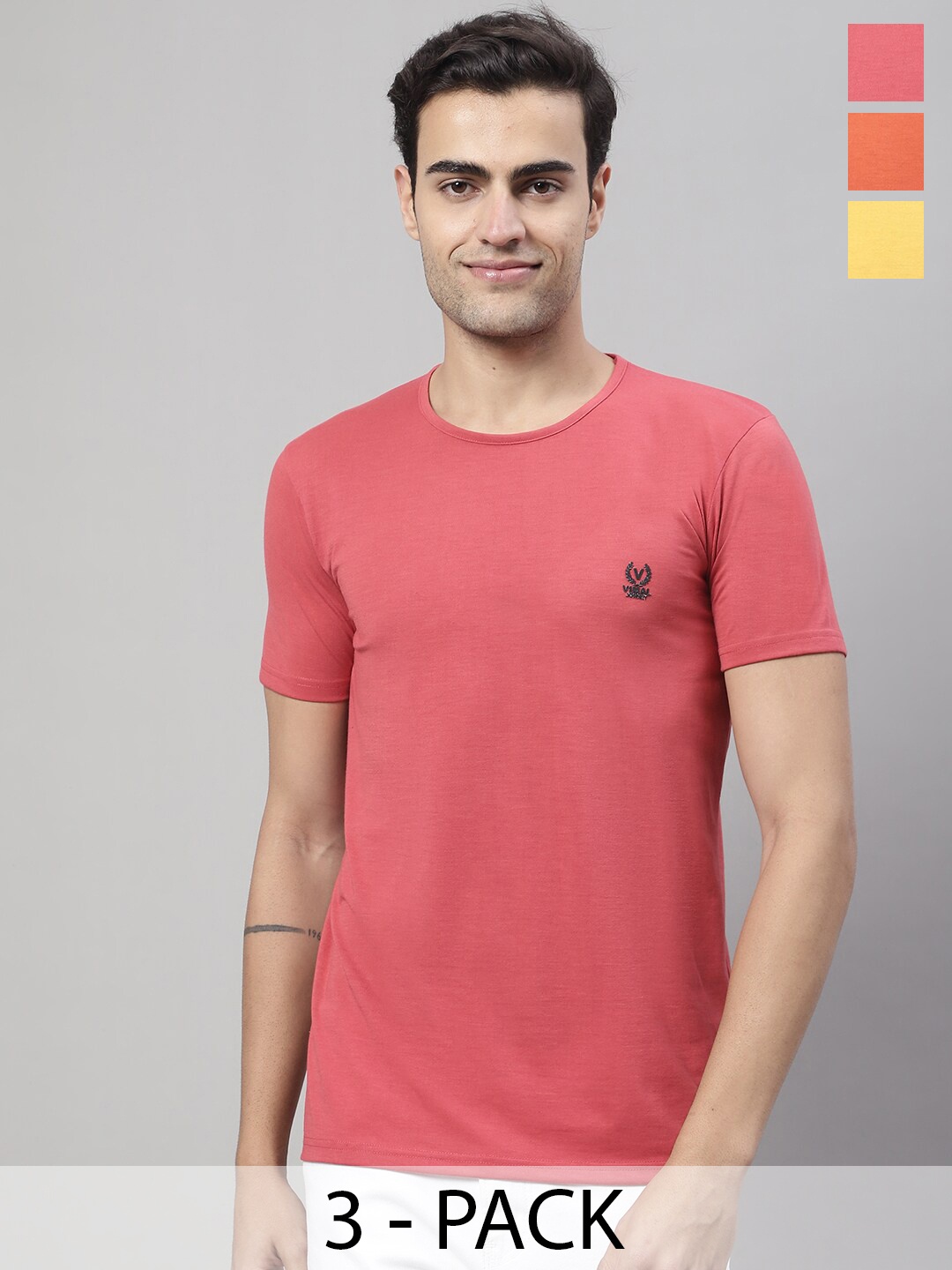 

VIMAL JONNEY Pack Of 3 Round Neck Cotton Casual T-shirts, Coral