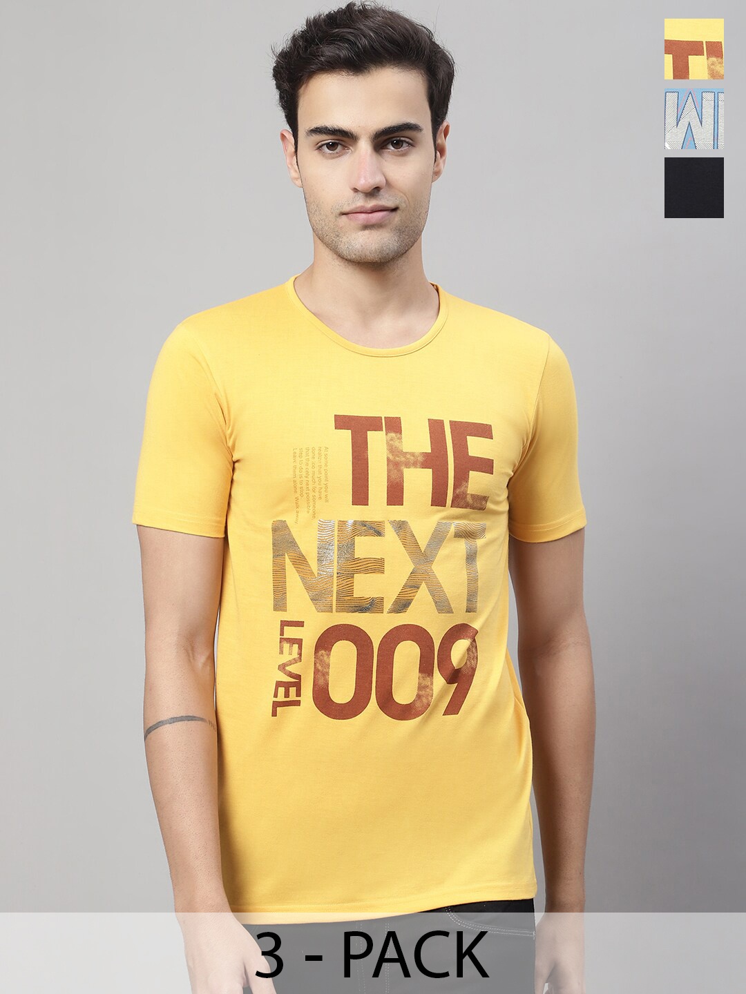MACK JONNEY Pack of 3 Typography Printed Cotton T-shirts, Yellow