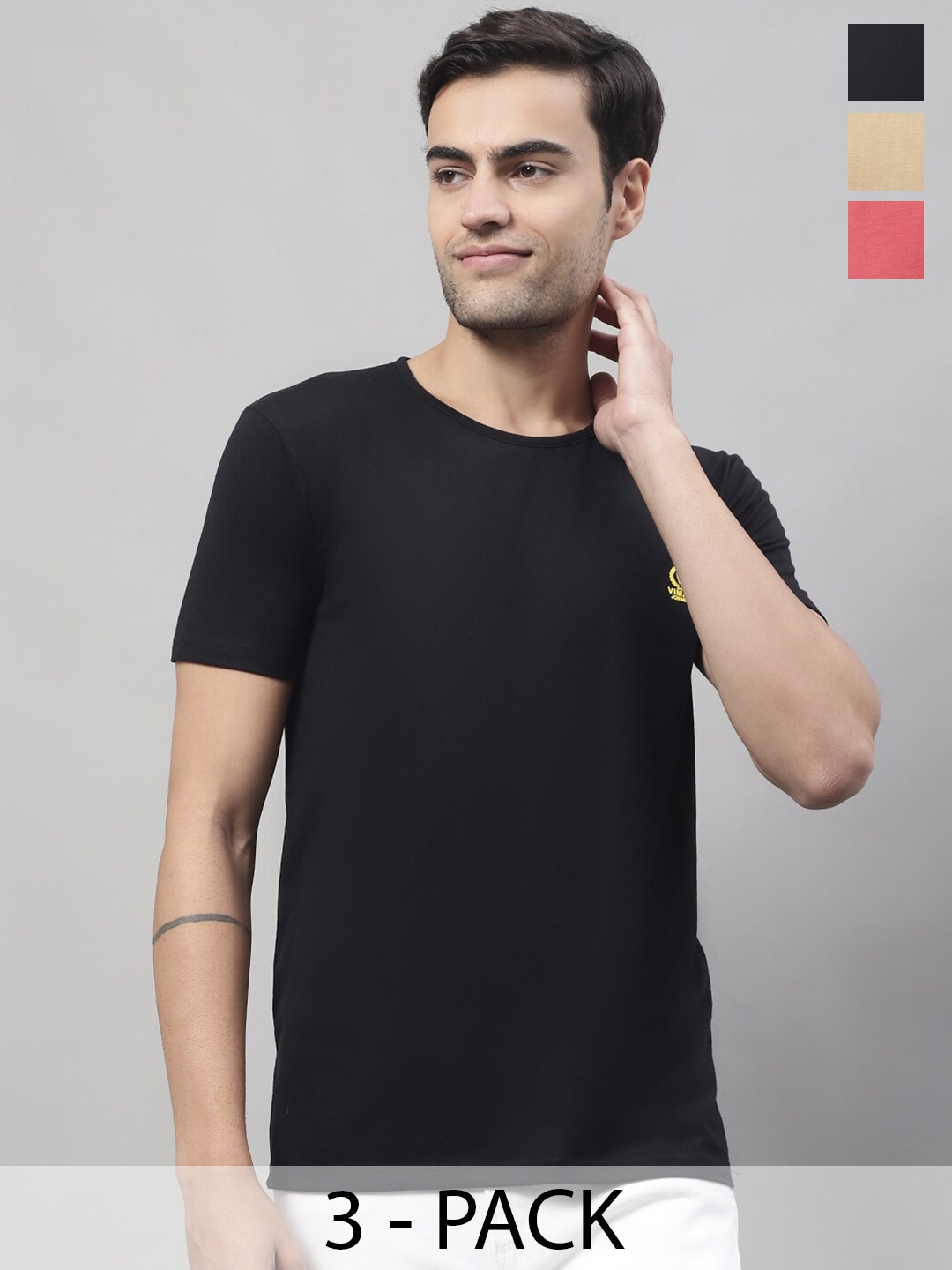 

VIMAL JONNEY Pack Of 3 Short Sleeves Cotton Tshirts, Black