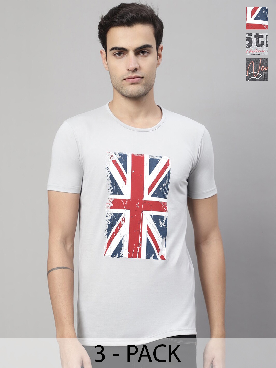 

MACK JONNEY Pack Of 3 Printed Cotton T-shirts, Grey